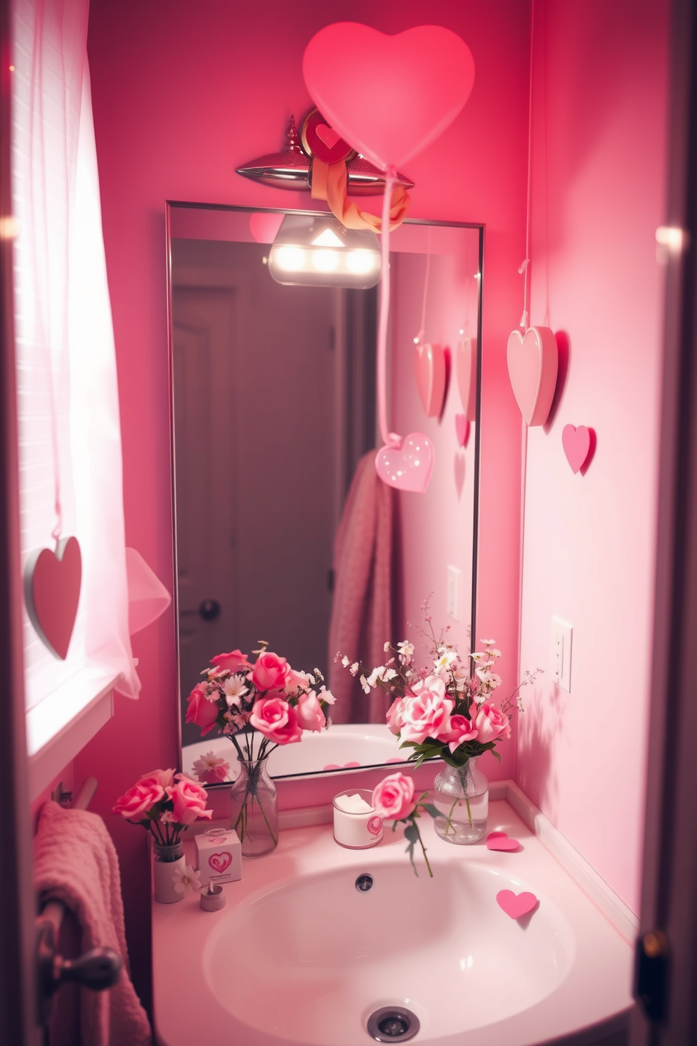 A cozy bathroom adorned with soft lighting that casts a warm pink glow throughout the space. The decor features heart-shaped accents and delicate floral arrangements that evoke a romantic Valentine's Day atmosphere.