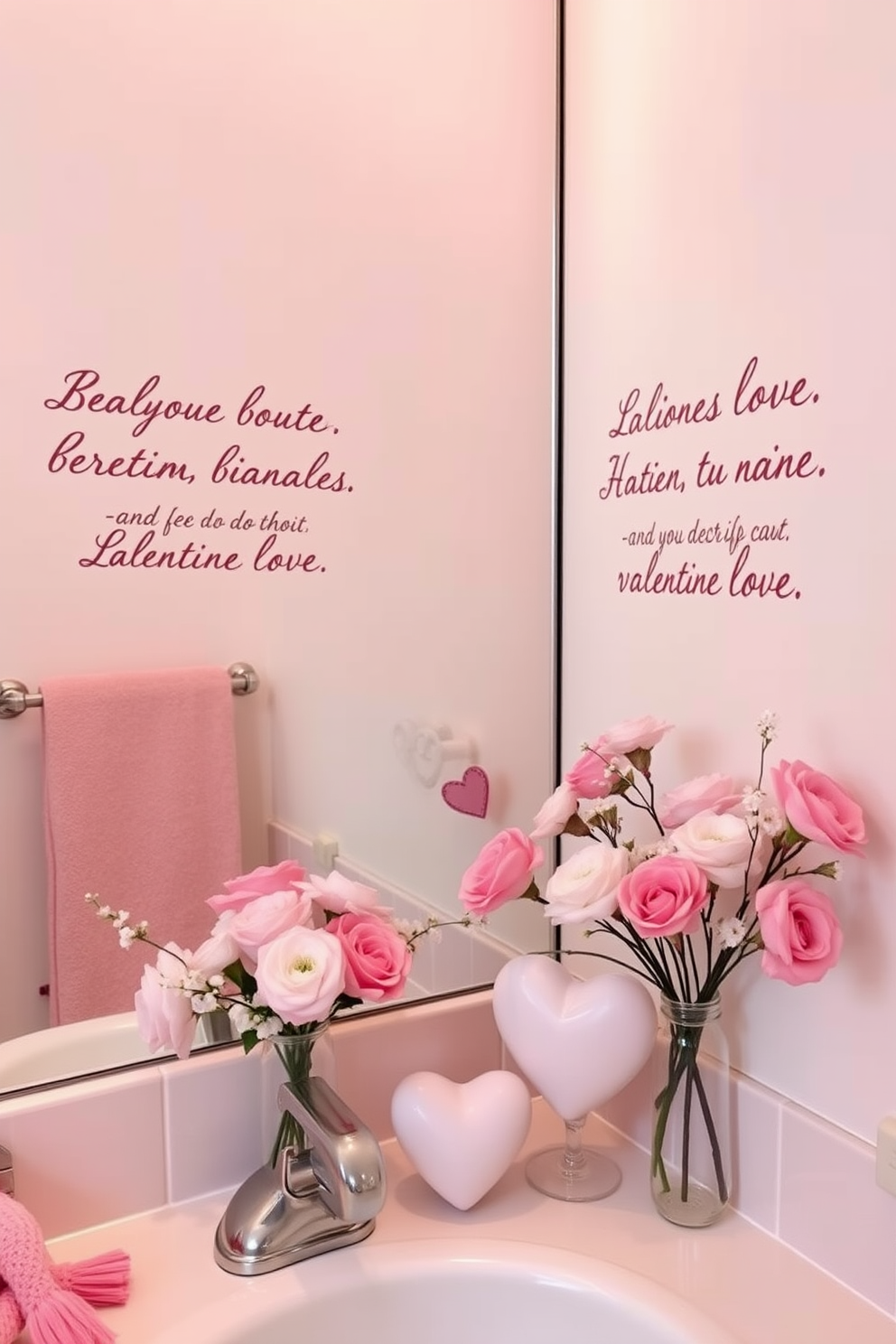 Charming love quotes adorn the walls in elegant script, creating a romantic atmosphere. Soft pastel colors and heart-themed accents enhance the cozy feel of the bathroom. Delicate floral arrangements in soft pinks and whites are placed on the countertop, adding a touch of nature. Heart-shaped candles flicker gently, providing a warm glow for a relaxing Valentine's Day ambiance.