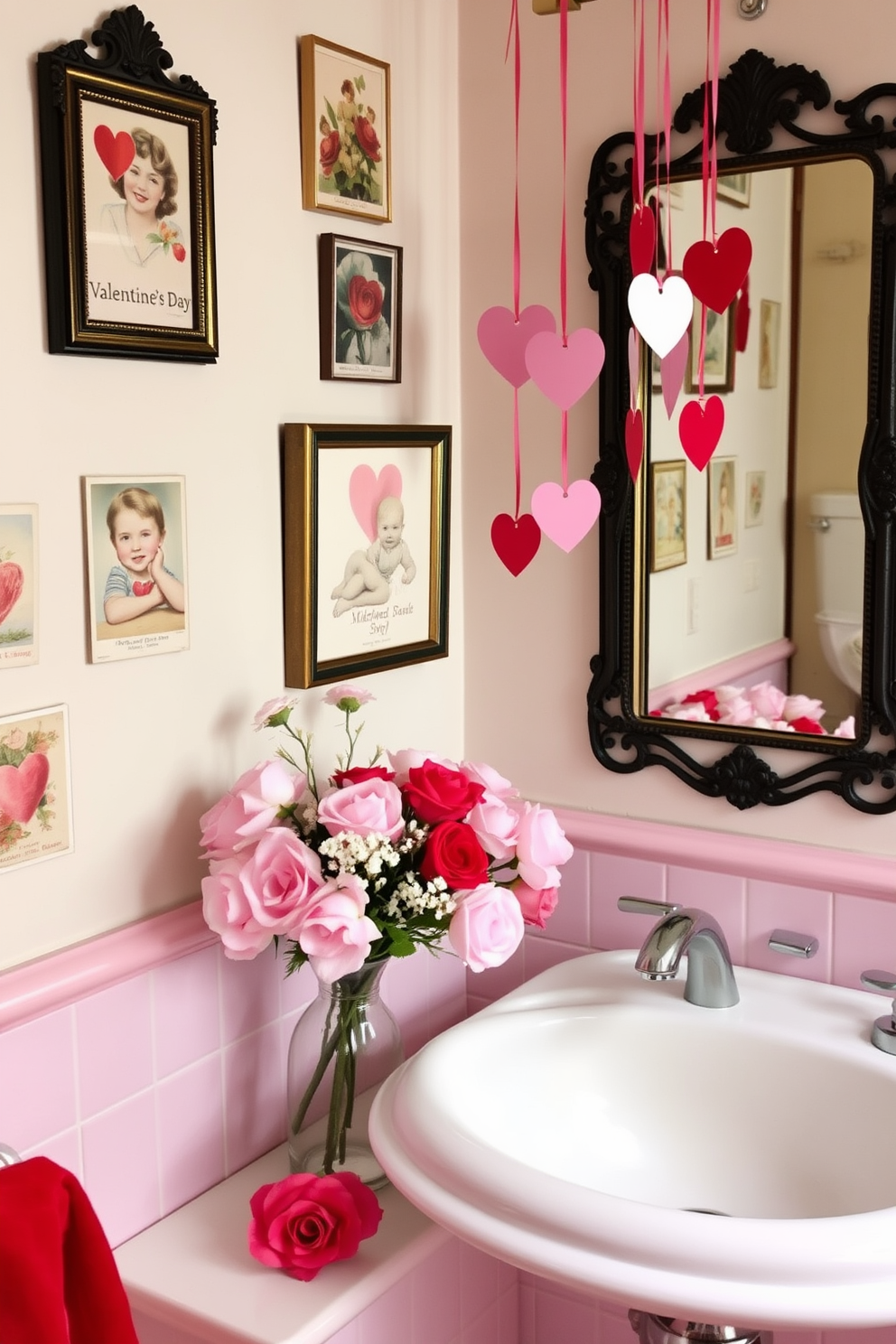 A charming vintage bathroom setting inspired by Valentine's Day. The walls are adorned with framed vintage Valentine's Day postcards, creating a whimsical and romantic atmosphere. A delicate floral arrangement in soft pinks and reds sits on the countertop beside a vintage-style sink. Heart-shaped decorations hang from the mirror, adding a playful touch to the overall decor.