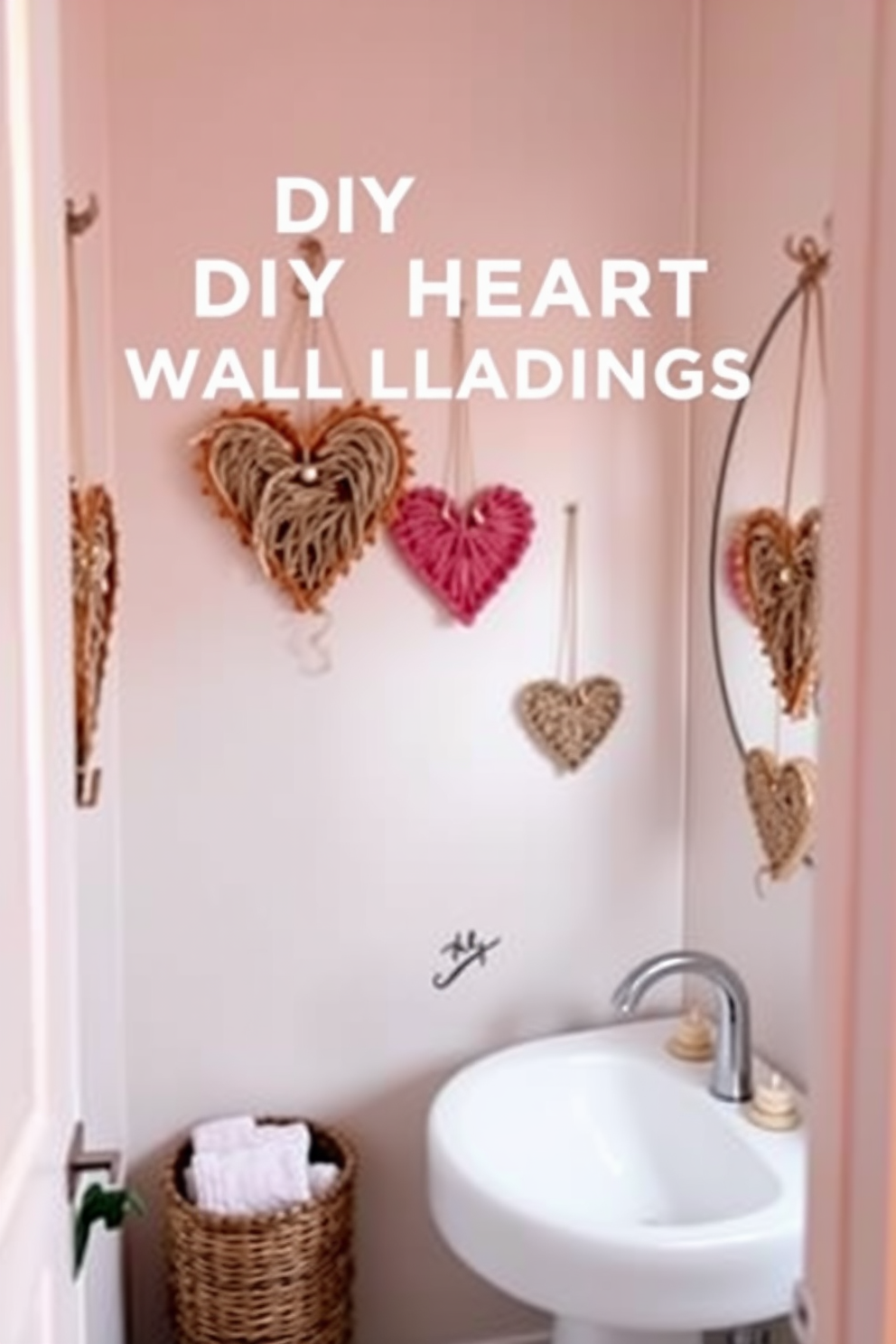 Create a cozy and inviting bathroom setting adorned with DIY heart-shaped wall hangings. The walls are painted in a soft pastel hue, and the heart hangings are crafted from natural materials, adding a touch of warmth and creativity.