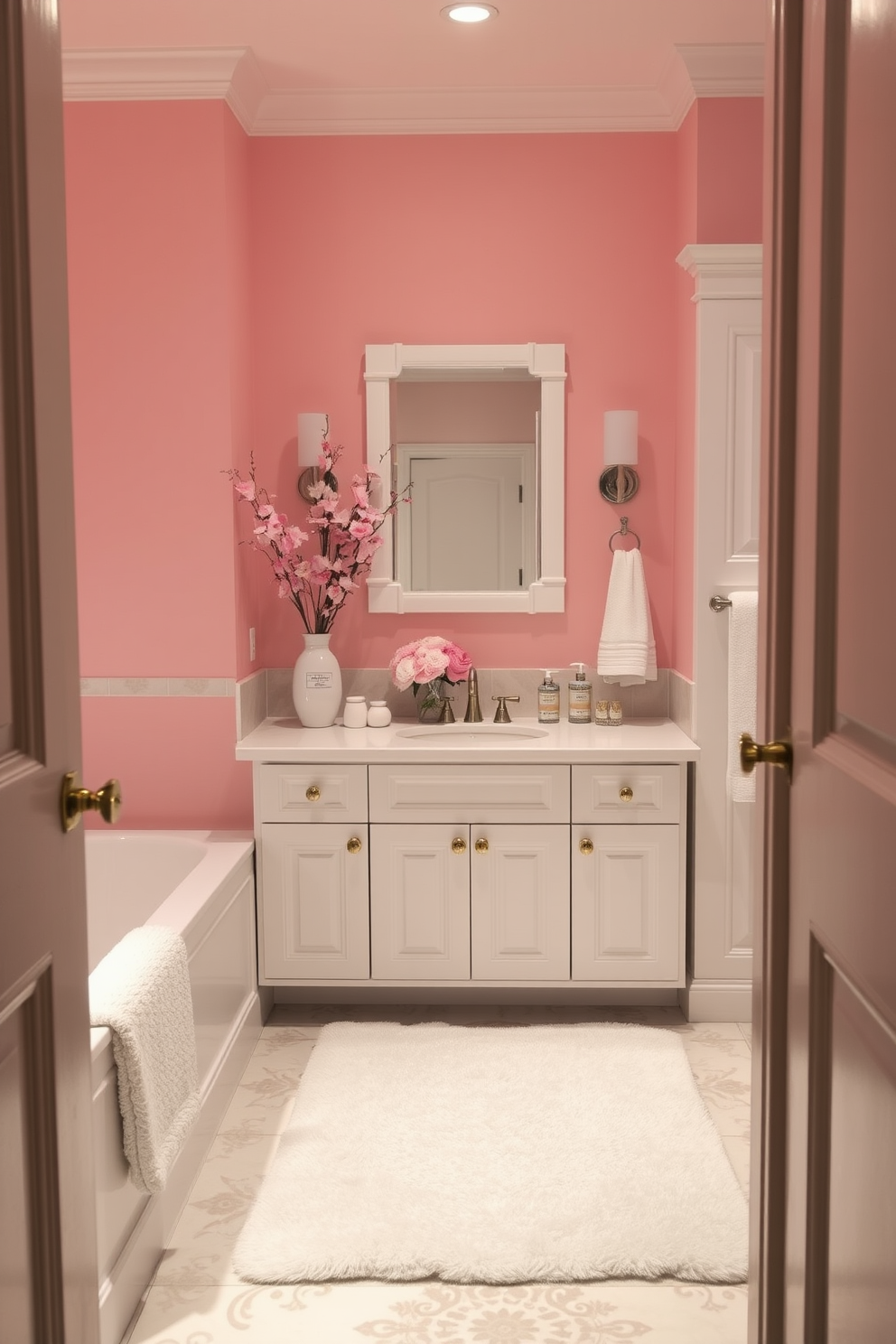 A serene bathroom setting adorned in an elegant pink and white color scheme. The walls are painted a soft blush pink, complemented by white cabinetry and fixtures, creating a romantic atmosphere perfect for Valentine's Day. Delicate floral arrangements in shades of pink are placed on the countertop, adding a fresh touch to the space. A plush white bath mat and matching towels enhance the cozy feel, while subtle gold accents provide a hint of luxury.