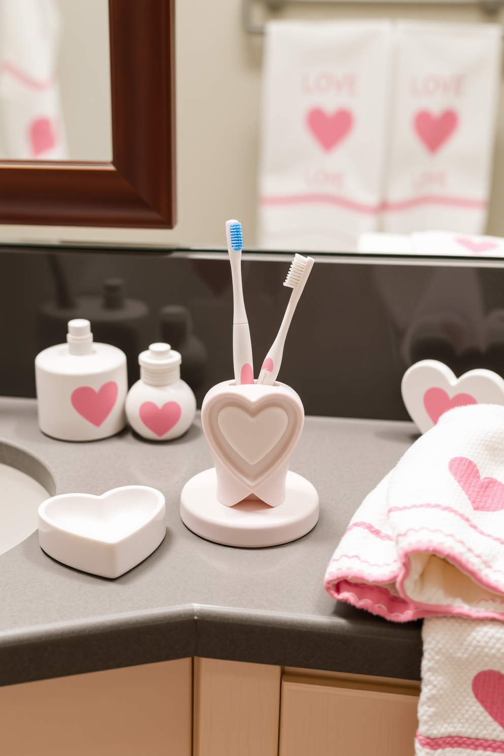 A cute love-themed toothbrush holder sits on the bathroom countertop, designed in the shape of two intertwined hearts. Surrounding it are soft pastel decorations, including heart-shaped soap dishes and a matching towel set adorned with romantic motifs.