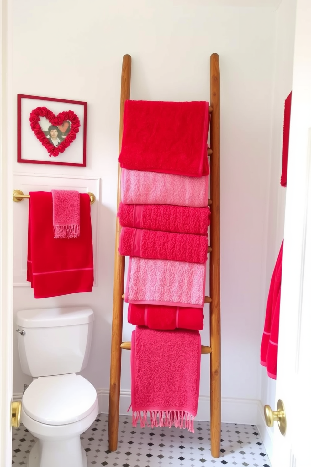 A charming bathroom setting adorned with a display of red and pink towels neatly arranged on a wooden ladder. The walls are painted in soft white, creating a bright and inviting atmosphere perfect for Valentine's Day.