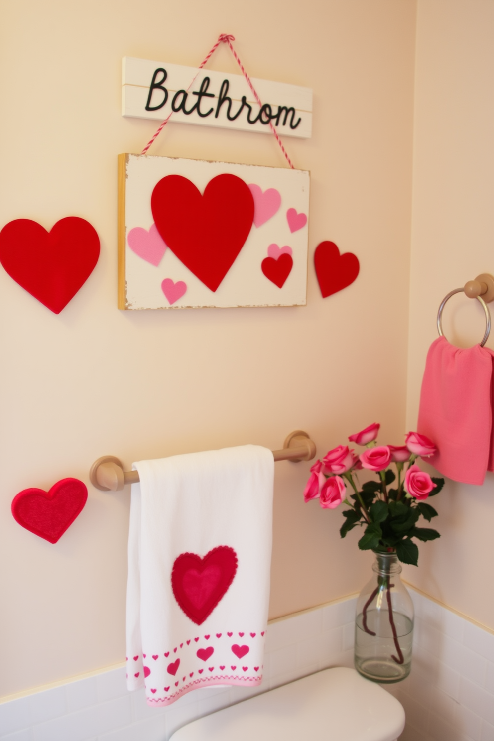 A festive bathroom sign adorned with hearts hangs on the wall, creating a warm and inviting atmosphere. Soft pink and red accents are incorporated throughout the space, enhancing the Valentine's Day theme. Decorative towels with heart patterns are neatly arranged on the towel rack, adding a playful touch. A small vase filled with fresh roses sits on the countertop, completing the romantic decor.