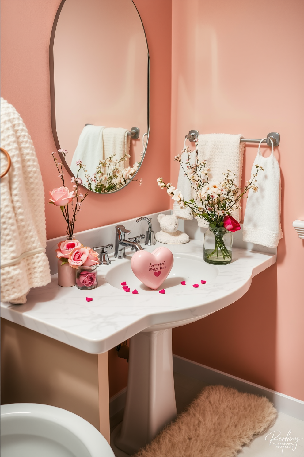 A charming bathroom setting designed for Valentine's Day. The centerpiece is a heartfelt sweetheart soap dispenser placed on a white marble countertop, surrounded by soft pink and red decor elements. Delicate floral arrangements in pastel shades adorn the space, creating a romantic atmosphere. The walls are painted in a warm blush tone, complemented by plush white towels and a cozy throw rug.