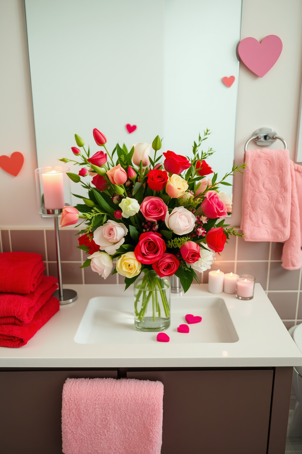 A decorative heart garland drapes elegantly across the mirror, adding a touch of romance to the space. The garland features various shades of red and pink hearts, creating a festive atmosphere perfect for Valentine's Day.