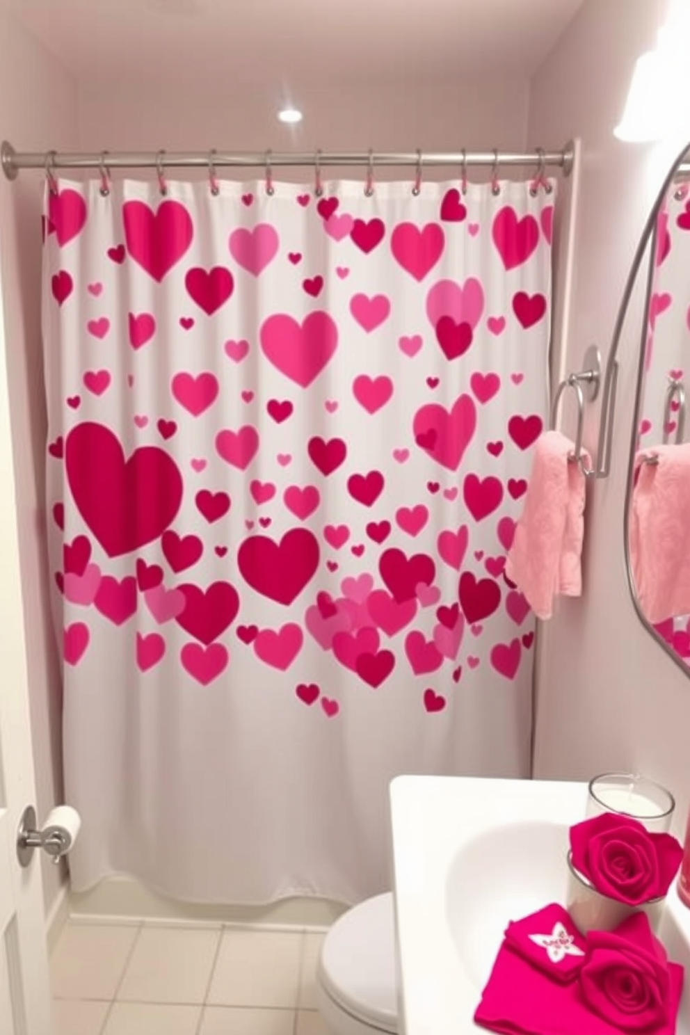 A charming bathroom adorned with a Valentine themed shower curtain featuring hearts in shades of red and pink. Soft lighting enhances the romantic atmosphere, while decorative accents like heart-shaped towels and rose-scented candles complete the festive look.