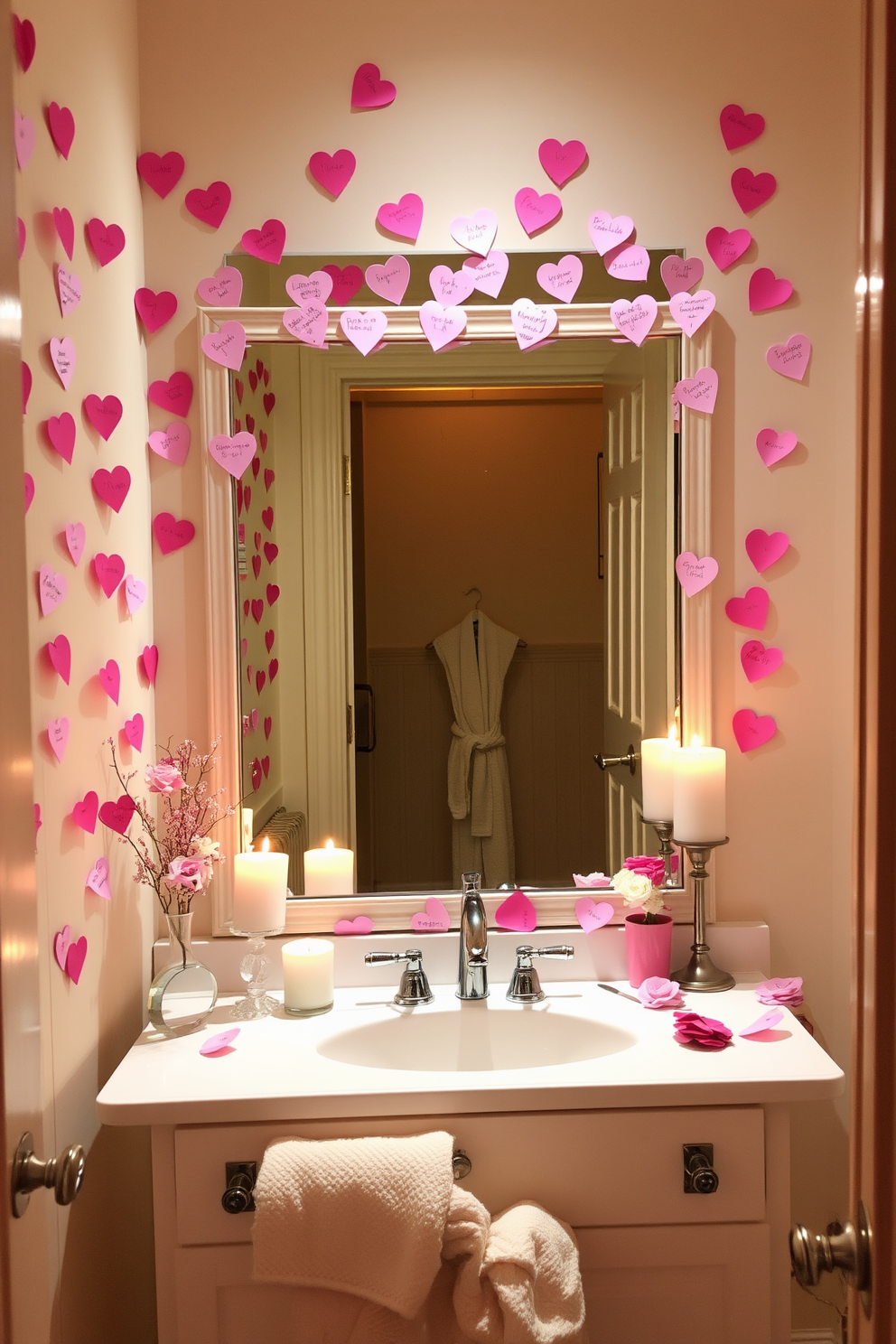 A romantic bathroom setting adorned with love notes on the mirror. The mirror reflects a soft glow from the candlelight, creating an intimate atmosphere for Valentine's Day. Delicate pink and white decorations are scattered throughout the space, including heart-shaped accents and rose petals. A cozy bathrobe hangs on the door, inviting relaxation and warmth in this charming retreat.