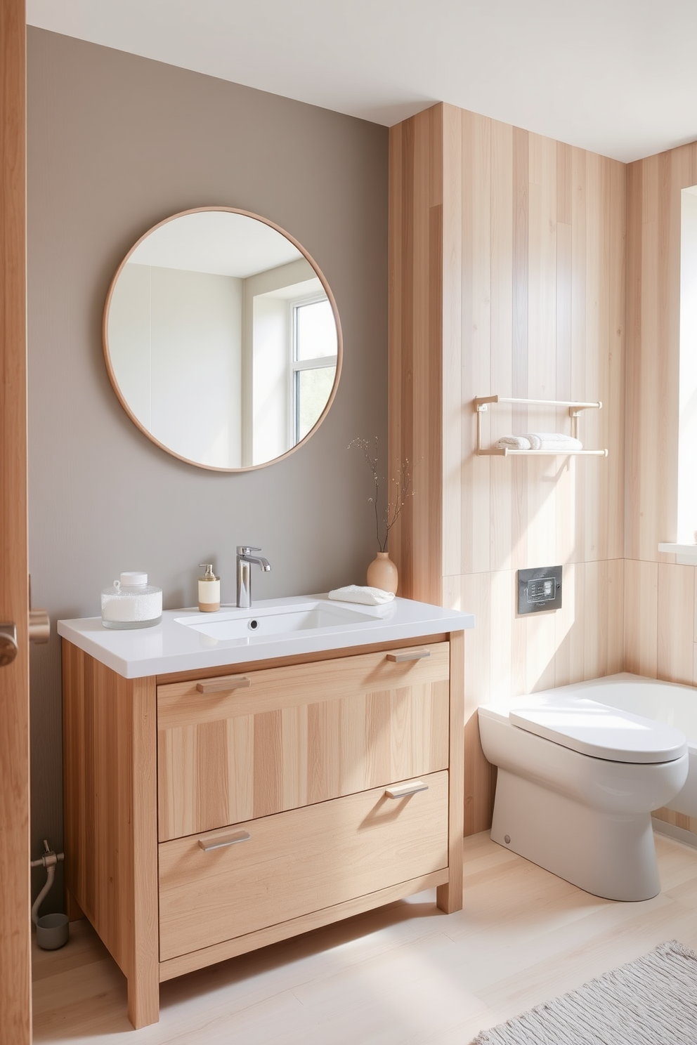 A corner vanity designed for small bathrooms. It features a sleek, compact design with a white countertop and a single sink, maximizing space while maintaining style. The cabinetry is finished in a soft gray, complemented by brushed nickel hardware. Above the vanity, a round mirror hangs, enhancing the room's brightness and creating an illusion of space.