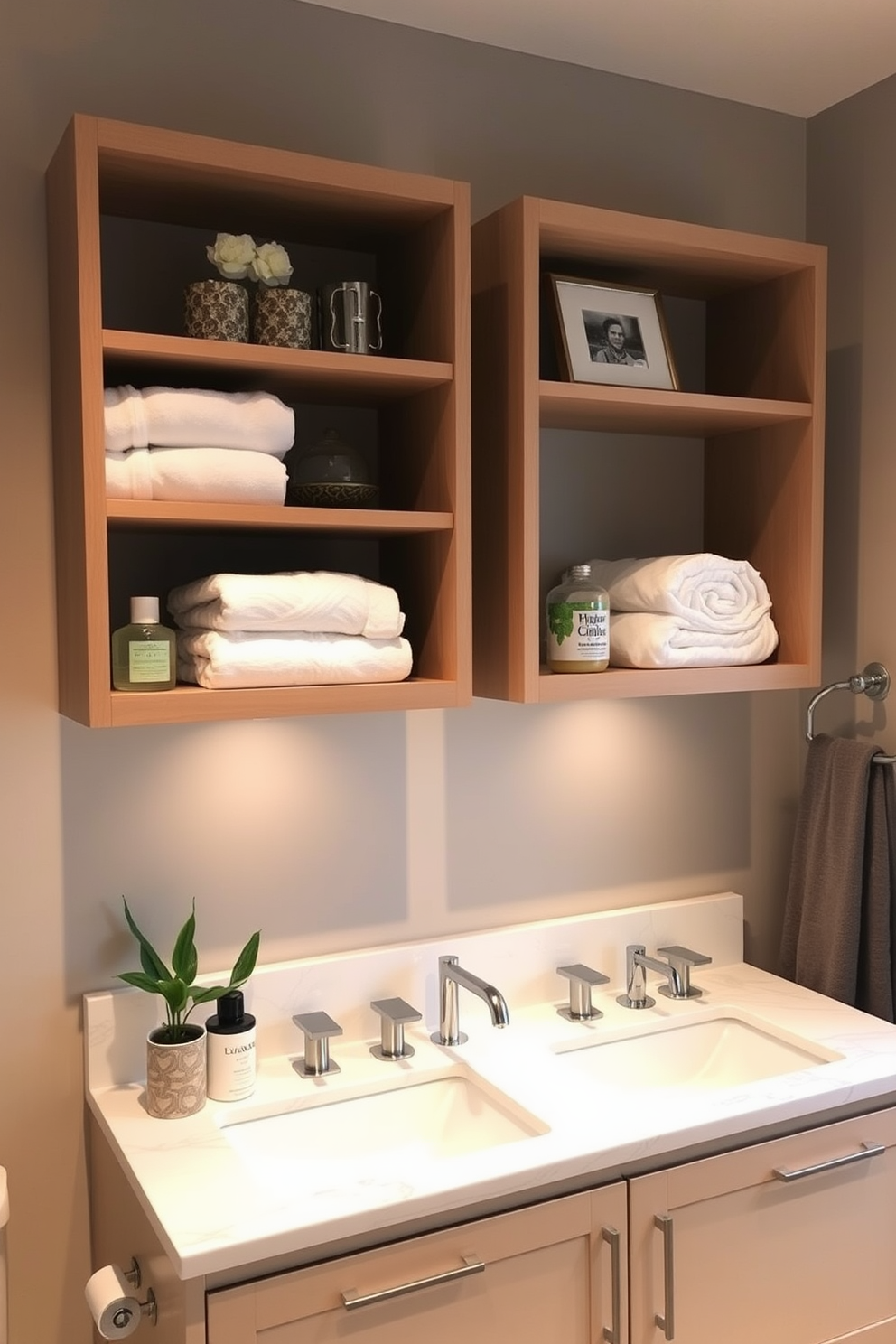 A stylish bathroom features a modern vanity with open shelving that provides easy access to essentials. The vanity is crafted from light wood, complemented by a sleek white sink and a large round mirror above it.