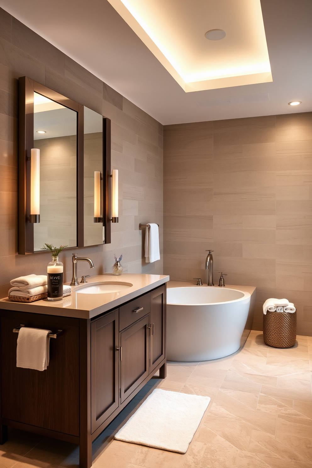 A contemporary bathroom setting featuring a sleek vanity with geometric shapes and a striking color palette. The vanity is complemented by a large round mirror with a minimalist frame, enhancing the modern aesthetic. The countertop showcases a unique blend of materials, including quartz and wood accents. Soft ambient lighting illuminates the space, creating a warm and inviting atmosphere.