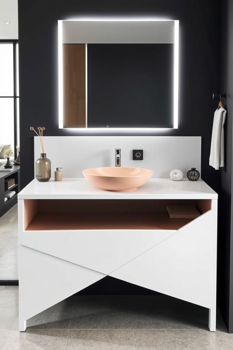 A luxurious bathroom vanity featuring rich wood finishes and gold hardware accents. The design includes a spacious countertop with dual sinks and elegant lighting fixtures above.