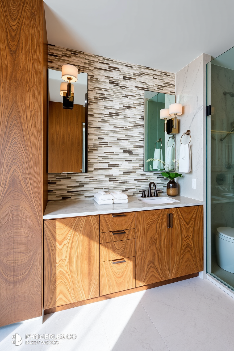 Art deco vanity with rich textures. The vanity features a deep mahogany finish with intricate geometric patterns and a glossy black marble countertop. Above the vanity, a large oval mirror with an ornate gold frame reflects the ambient light. Elegant sconces on either side provide warm illumination, enhancing the luxurious atmosphere.