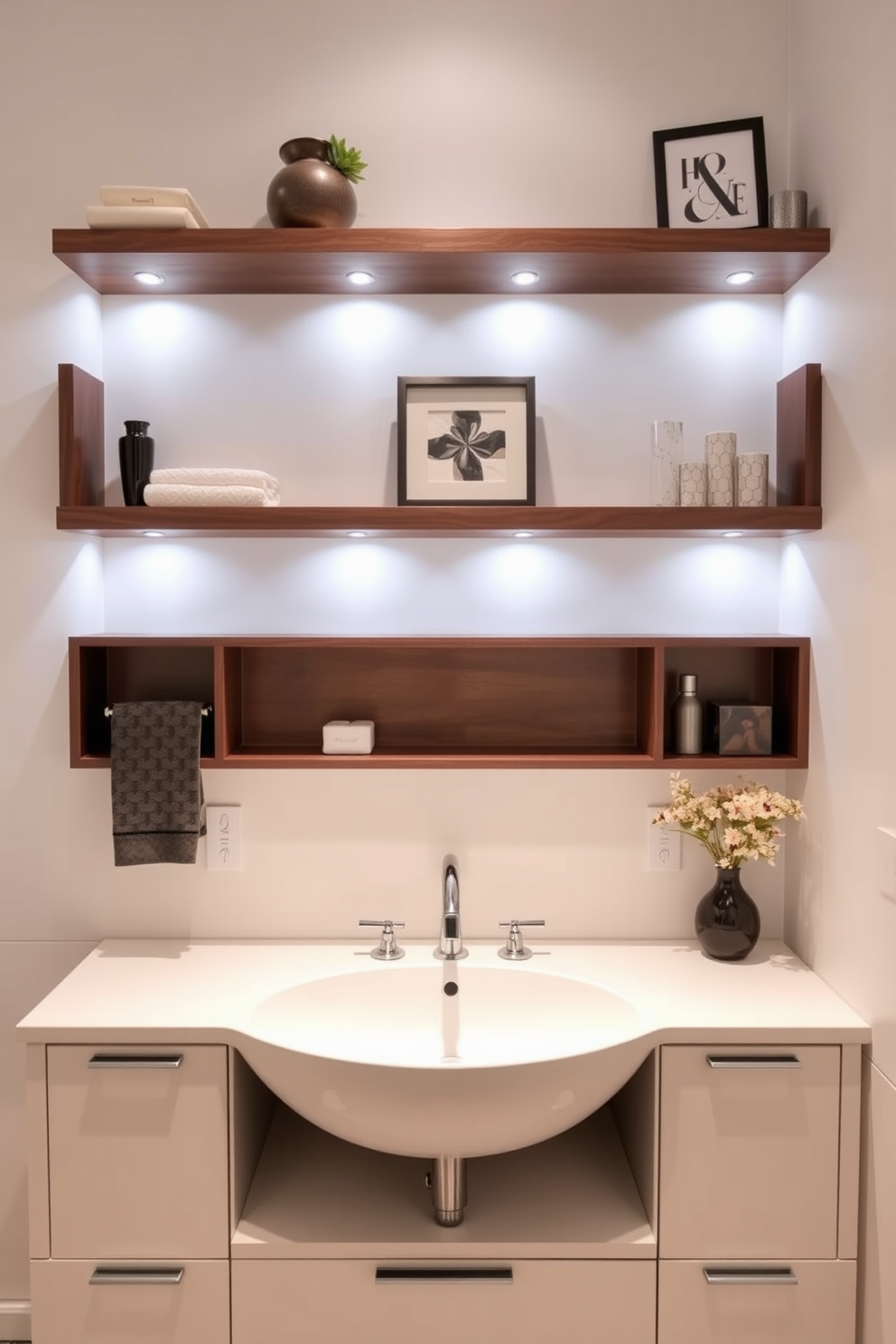 A stylish bathroom featuring floating shelves above the vanity adorned with decorative items. The vanity itself showcases a sleek design with a modern sink and elegant fixtures, creating a functional yet aesthetically pleasing space.