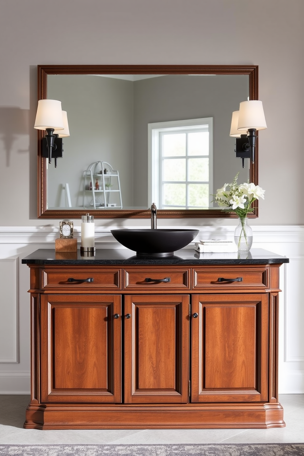 A traditional vanity with classic detailing features intricate wood carvings and a polished finish. The countertop is adorned with a white marble surface, complemented by vintage-style faucets and a large framed mirror above. The vanity is flanked by elegant sconces that provide warm lighting, enhancing the overall ambiance. Soft pastel colors on the walls create a serene backdrop, while decorative accessories like a ceramic soap dish and a plush towel add a touch of luxury.