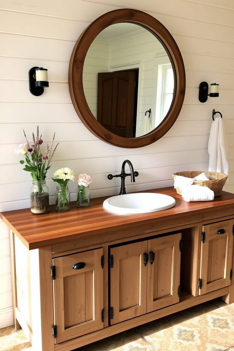 A rustic farmhouse vanity made of distressed wood features a large sink with a vintage-style faucet. The countertop is adorned with mason jars filled with fresh flowers and a woven basket for storage. The backdrop showcases shiplap walls painted in soft white, creating a cozy atmosphere. A large round mirror with a rustic frame hangs above the vanity, reflecting warm natural light.