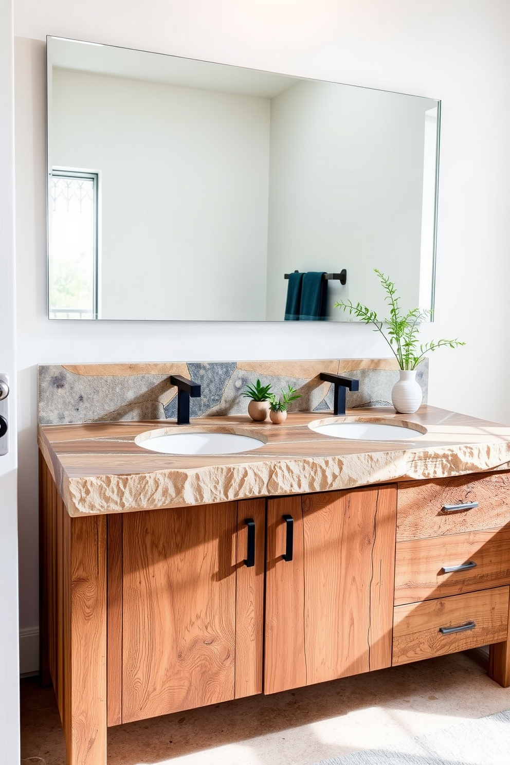 A nature-inspired vanity features a stunning stone countertop with organic textures and earthy tones. The cabinetry is crafted from reclaimed wood, adding warmth and a rustic charm to the space. Above the vanity, a large, frameless mirror reflects natural light, enhancing the serene atmosphere. Delicate greenery and small potted plants are artfully arranged on the countertop, bringing the outdoors inside.