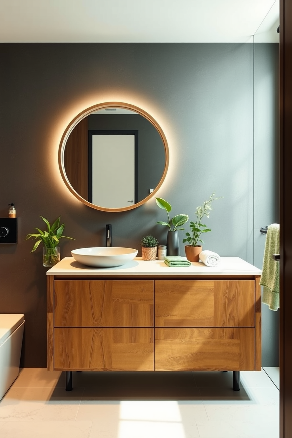 A modern bathroom featuring a sleek vanity made from reclaimed wood with a quartz countertop. The design incorporates energy-efficient lighting and fixtures, enhancing its eco-friendly appeal. The vanity is complemented by a large circular mirror with a natural wood frame. Soft green accents are introduced through plants and towels, creating a calming and sustainable atmosphere.