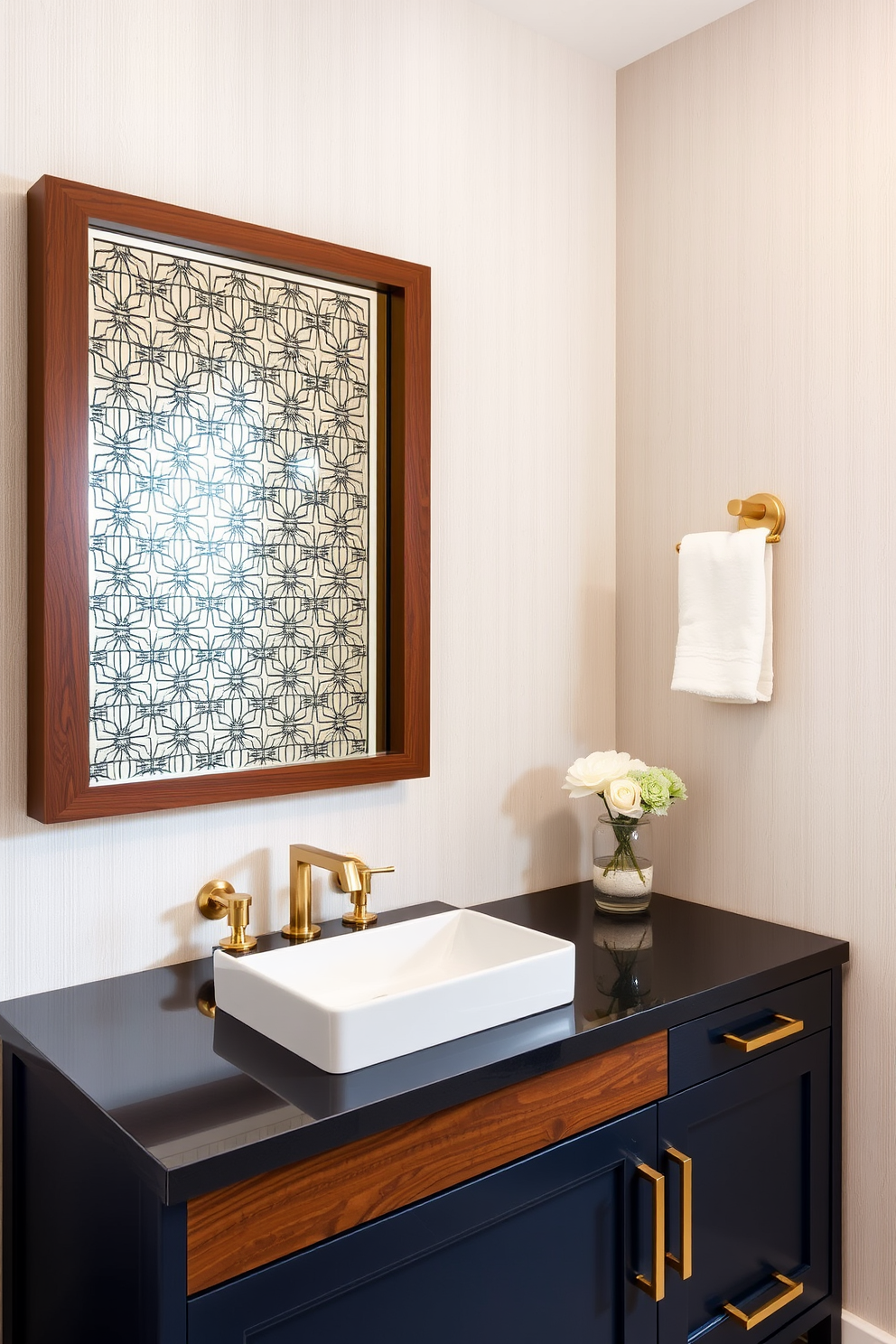 A custom mirror design featuring an intricate geometric pattern that harmonizes with the wooden vanity. The mirror is framed in a rich walnut finish, enhancing the overall elegance of the bathroom. The bathroom vanity showcases a sleek, modern silhouette with a deep blue finish and gold hardware. Above it, the custom mirror adds a striking focal point, reflecting the soft ambient lighting.