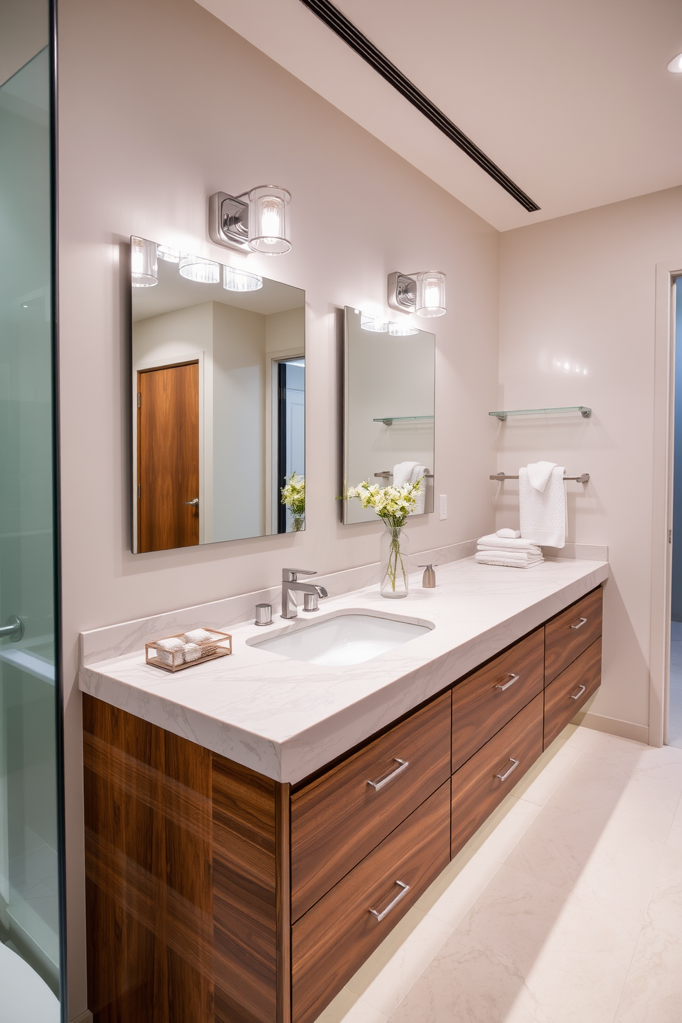 A sleek bathroom design featuring an integrated sink that blends seamlessly into a stunning countertop. The vanity showcases a combination of rich wood tones and elegant finishes, creating a warm and inviting atmosphere. The space is enhanced by stylish lighting fixtures that illuminate the area beautifully. Thoughtful details such as decorative hardware and organized storage options make this vanity both functional and aesthetically pleasing.