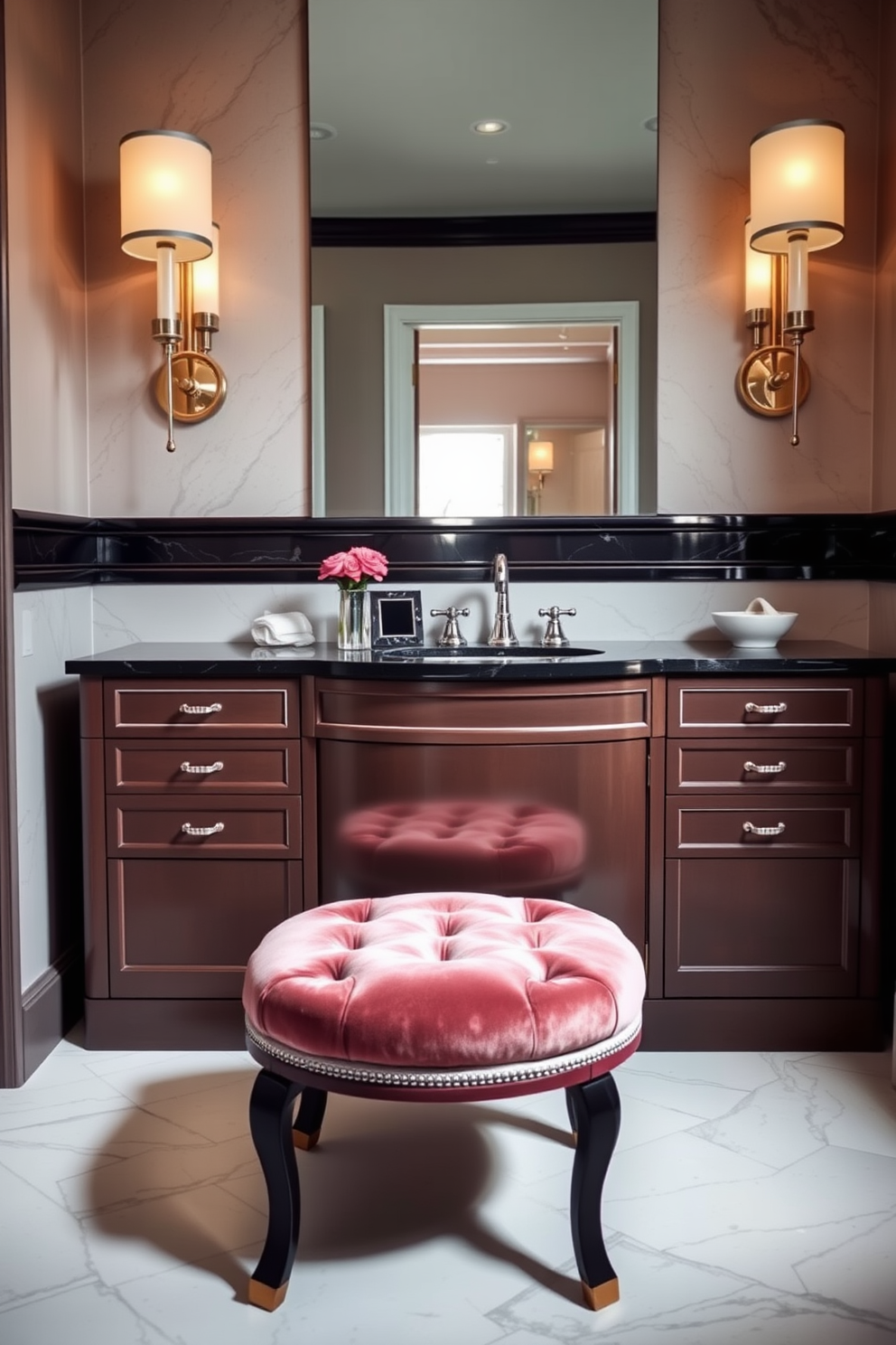 A stylish bathroom features a sleek vanity with a built-in laundry hamper seamlessly integrated into the design. The vanity is topped with a stunning quartz countertop, and a large round mirror hangs above, reflecting the elegant lighting fixtures. Soft gray cabinetry complements the warm tones of the wood, creating a harmonious balance in the space. A plush rug lies beneath the vanity, adding comfort and warmth to the overall aesthetic.