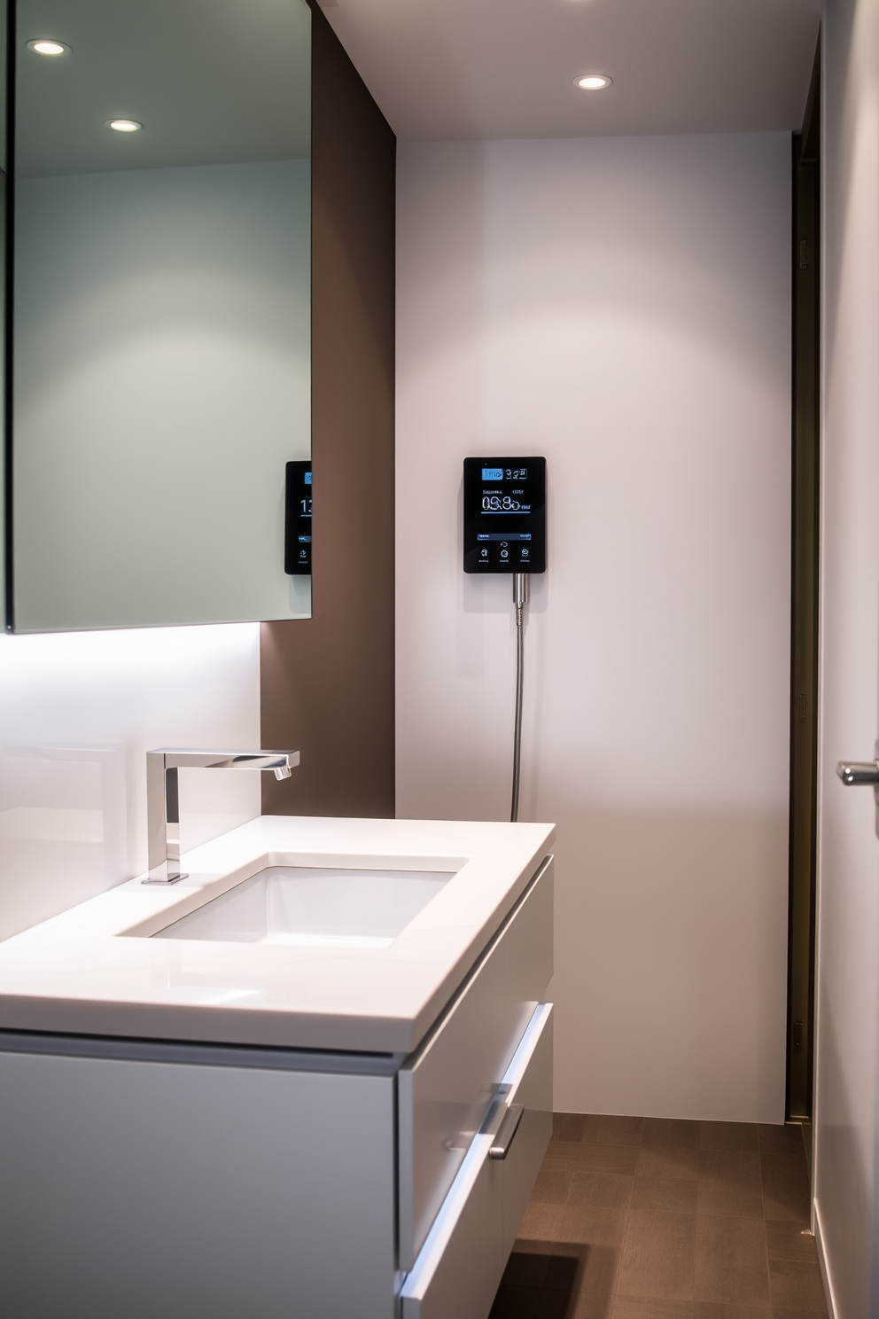 A sleek bathroom featuring smart technology integration for modern convenience. The space includes a touchless faucet and a digital shower control panel, providing seamless functionality. The bathroom vanity showcases a floating design with built-in LED lighting. The countertop is made of quartz, and the cabinetry features soft-close drawers for a clean, minimalist look.