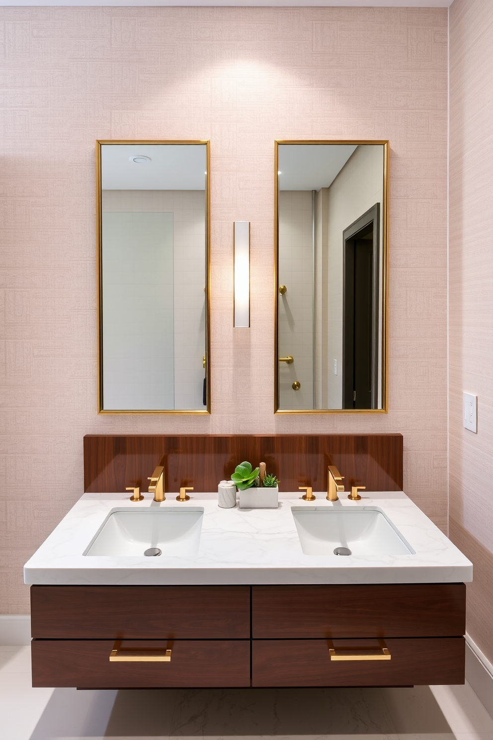 A sleek minimalist vanity with a smooth marble top creates a clean and elegant look. The design features simple lines and a neutral color palette, enhancing the sense of space and tranquility. Underneath the vanity, open shelving provides practical storage while maintaining an airy feel. Accents such as a single potted plant or a stylish soap dispenser add a touch of warmth and personality to the design.