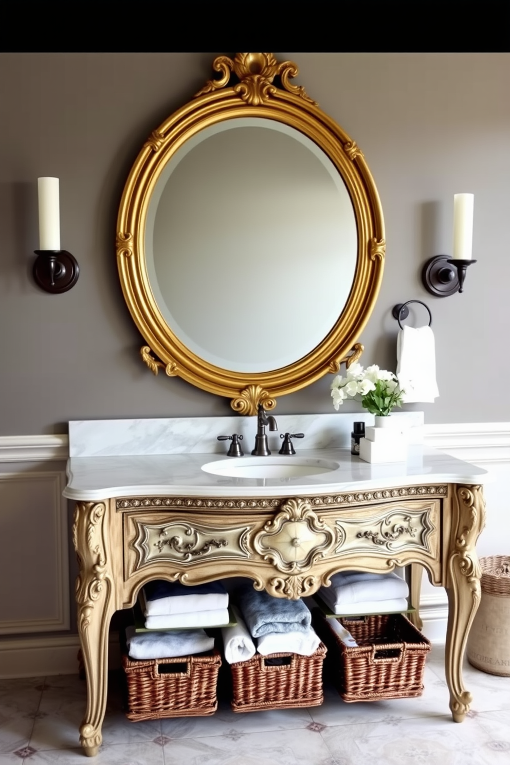 A vintage-inspired vanity with ornate details features intricate carvings and a distressed finish. The vanity is complemented by a large round mirror with an antique gold frame, reflecting soft ambient lighting from sconces on either side. The countertop is adorned with a classic white marble surface, providing a timeless elegance. Below, decorative baskets are neatly arranged to store towels and toiletries, enhancing both style and functionality.