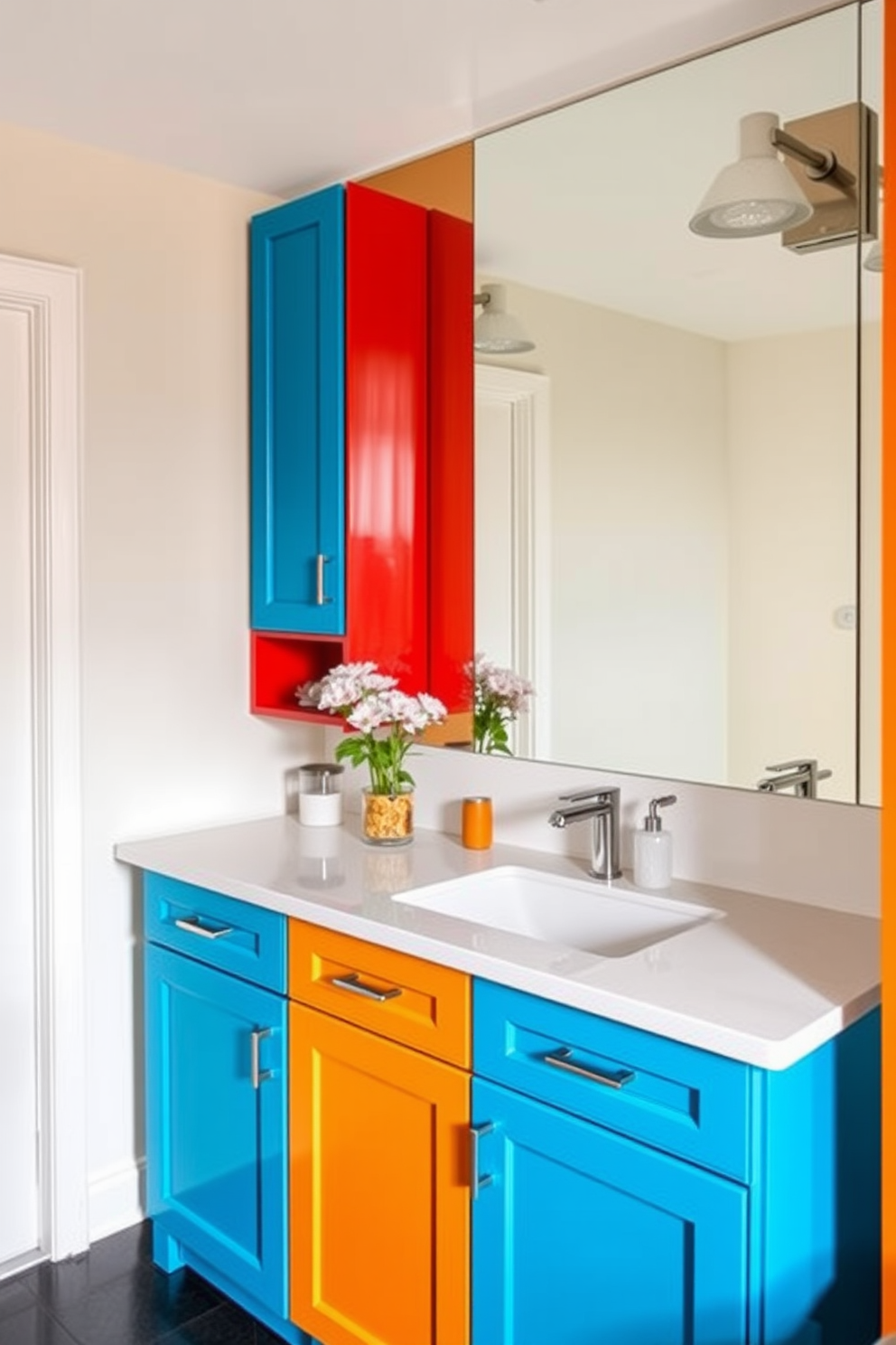 A bold color vanity stands out as the centerpiece of the bathroom, showcasing a sleek design with modern lines. Matching accessories, including a stylish soap dispenser and decorative trays, enhance the vibrant aesthetic and create a cohesive look. The walls are painted in a light neutral tone to balance the boldness of the vanity, while the flooring features elegant tiles that add texture and depth. Ambient lighting fixtures above the vanity provide a warm glow, highlighting the beautiful color and design elements throughout the space.