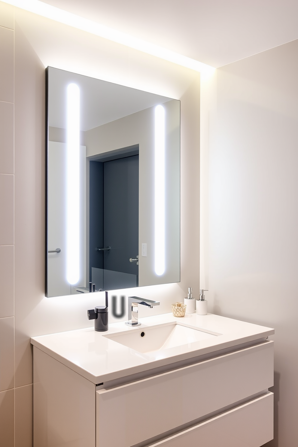 A modern bathroom featuring integrated lighting within the vanity mirror. The sleek vanity includes a minimalist design with a glossy finish and ample storage space. The mirror is illuminated with soft LED lights that enhance the overall ambiance. Surrounding the vanity are elegant fixtures and accessories that complement the contemporary aesthetic.