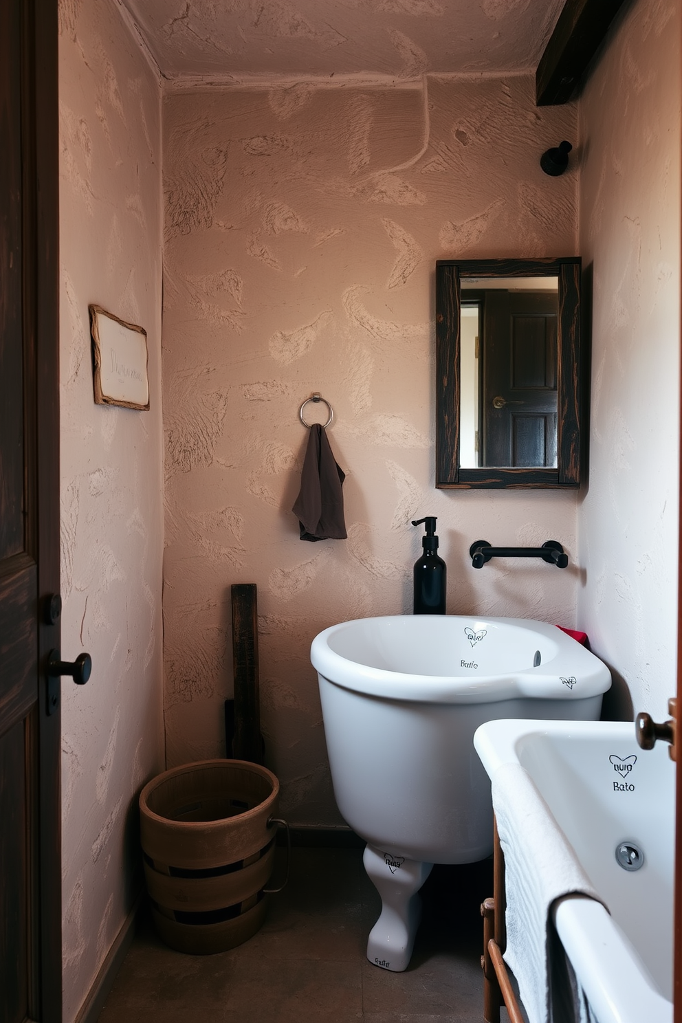 A rustic bathroom setting featuring textured plaster walls that evoke a warm and inviting atmosphere. The space is complemented by wooden accents and vintage-style fixtures, creating a harmonious blend of comfort and style.