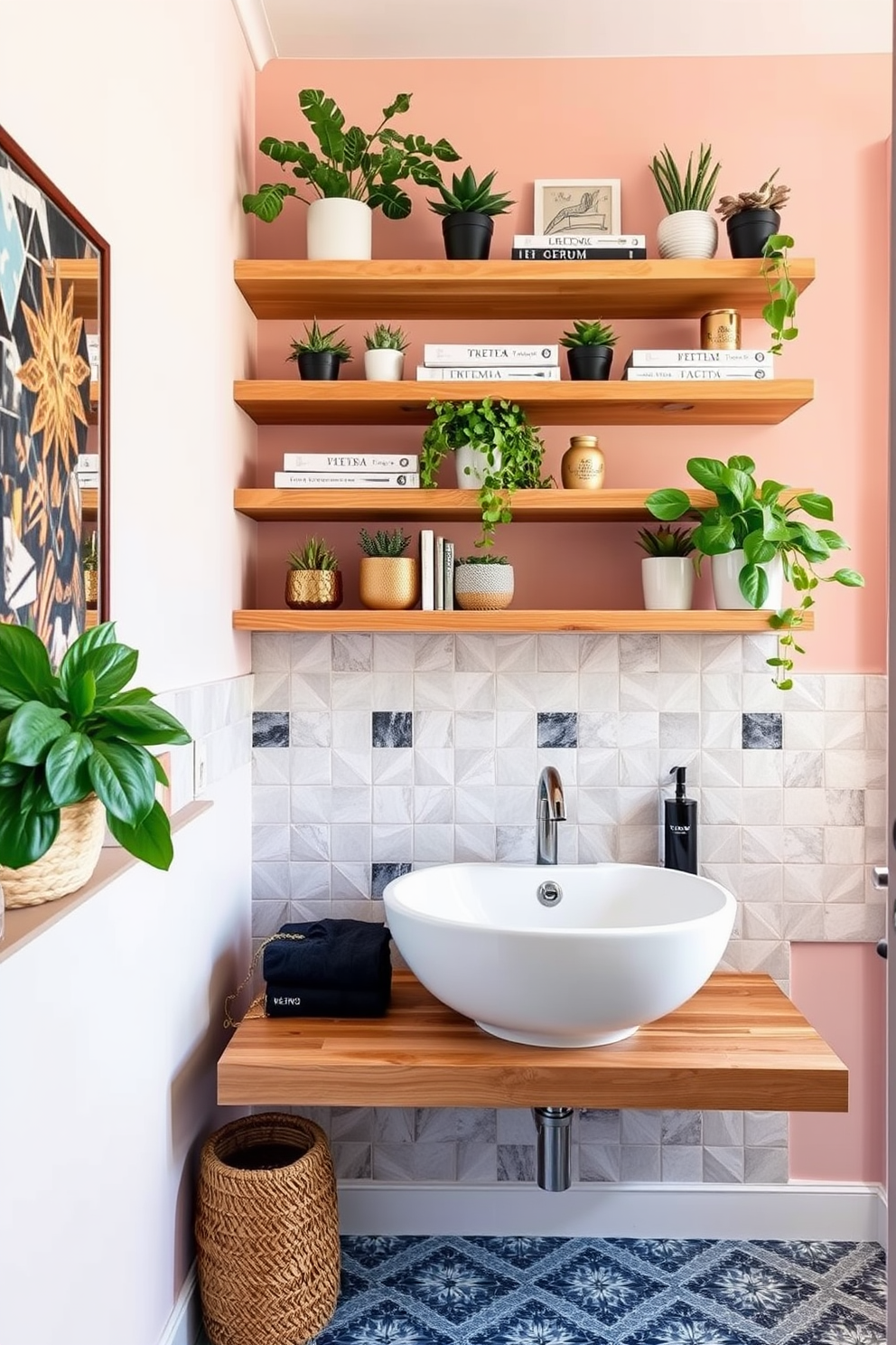 A vintage bathroom setting featuring colorful retro tiles that create a lively and inviting atmosphere. The walls are adorned with a mix of patterned tiles, showcasing intricate designs in warm hues that evoke a sense of nostalgia. Complementing the tiles, a classic clawfoot bathtub sits elegantly in the corner, surrounded by potted plants that add a touch of greenery. The space is illuminated by a vintage chandelier, casting a warm glow over the charming decor elements throughout the room.