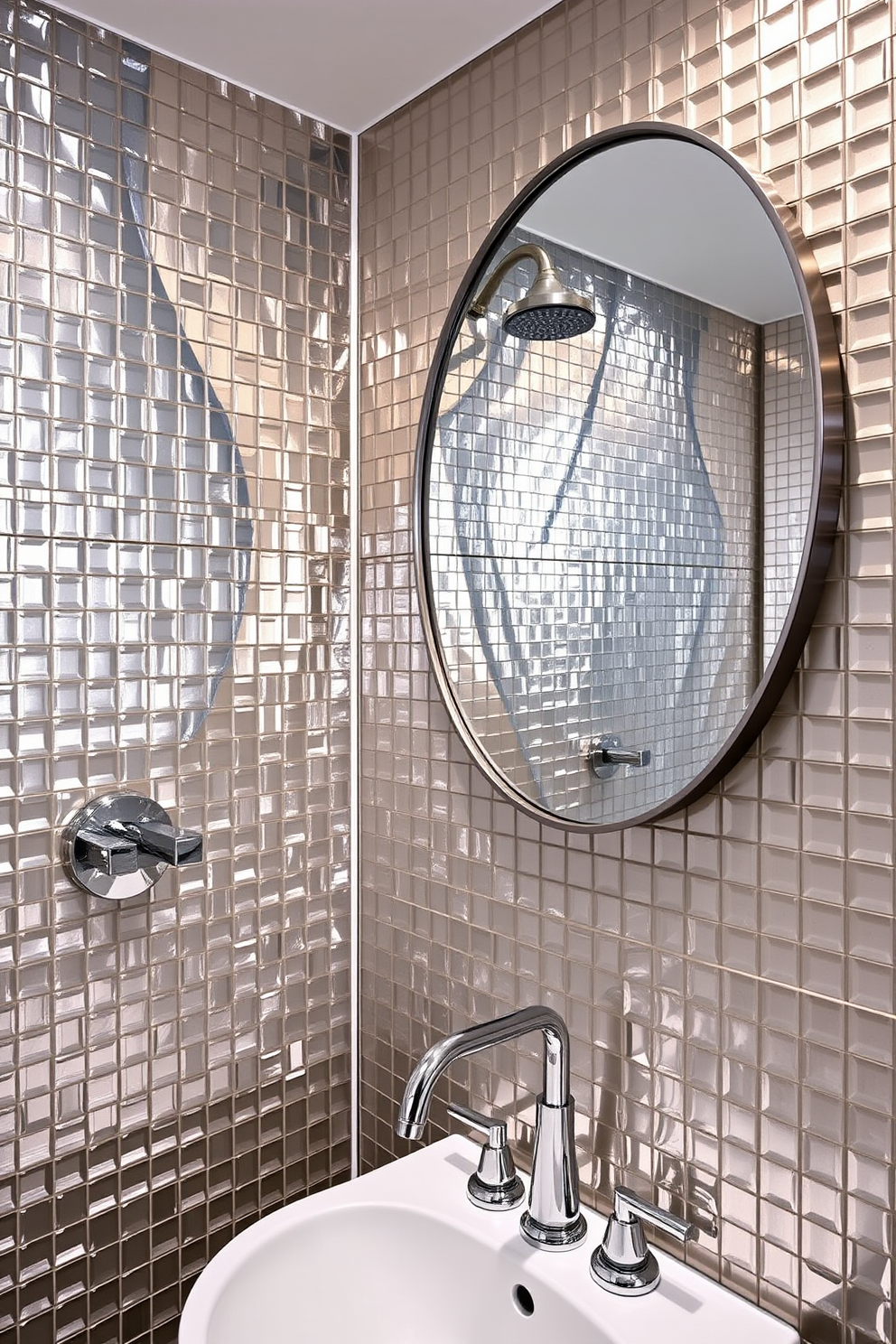 A chic bathroom featuring metallic finishes that reflect light beautifully. The walls are adorned with shimmering tiles in shades of silver and gold, creating an elegant backdrop. The fixtures include a sleek faucet with a polished chrome finish and a stylish showerhead that adds a modern touch. A large round mirror with a metallic frame hangs above the sink, enhancing the sophisticated atmosphere.