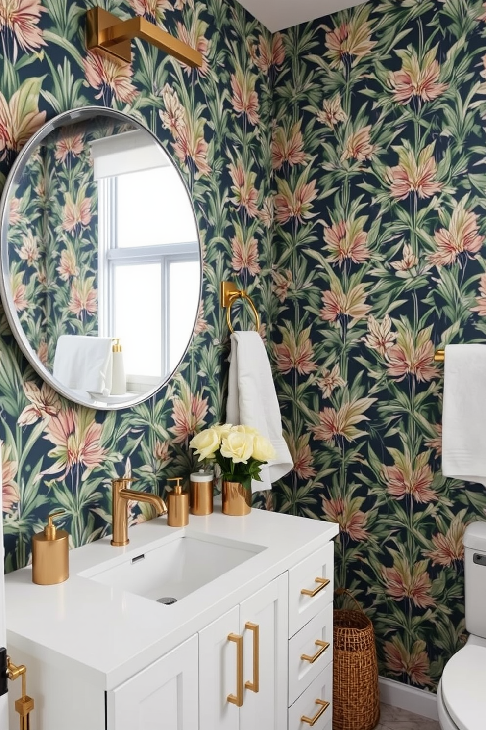 A modern bathroom featuring peel and stick wallpaper in a geometric pattern. The walls are adorned with a fresh, vibrant design that instantly elevates the space. The bathroom includes a sleek white vanity with a round mirror above it. Complementing the wallpaper, accessories in gold and natural wood tones add warmth and style.