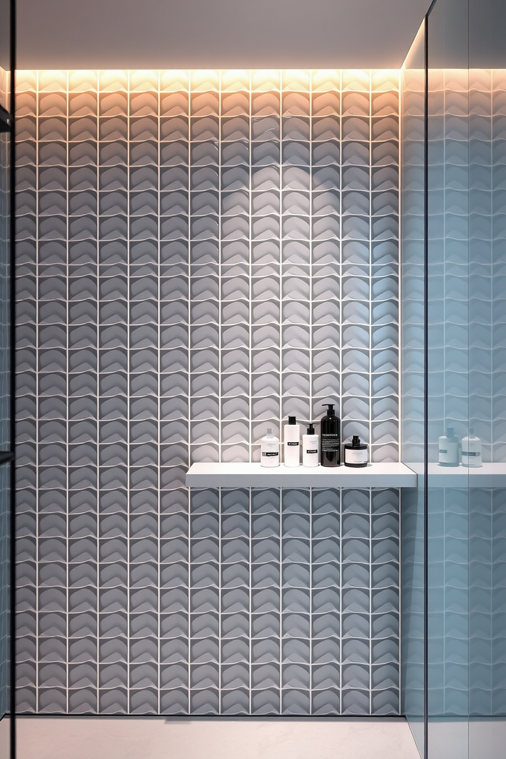 A modern bathroom wall design featuring sleek glass tiles that create a reflective and spacious feel. The tiles are arranged in a herringbone pattern, adding texture and visual interest to the walls. Soft ambient lighting highlights the glossy finish of the tiles, enhancing the overall elegance of the space. A minimalist floating shelf displays neatly arranged toiletries, complementing the clean lines of the design.