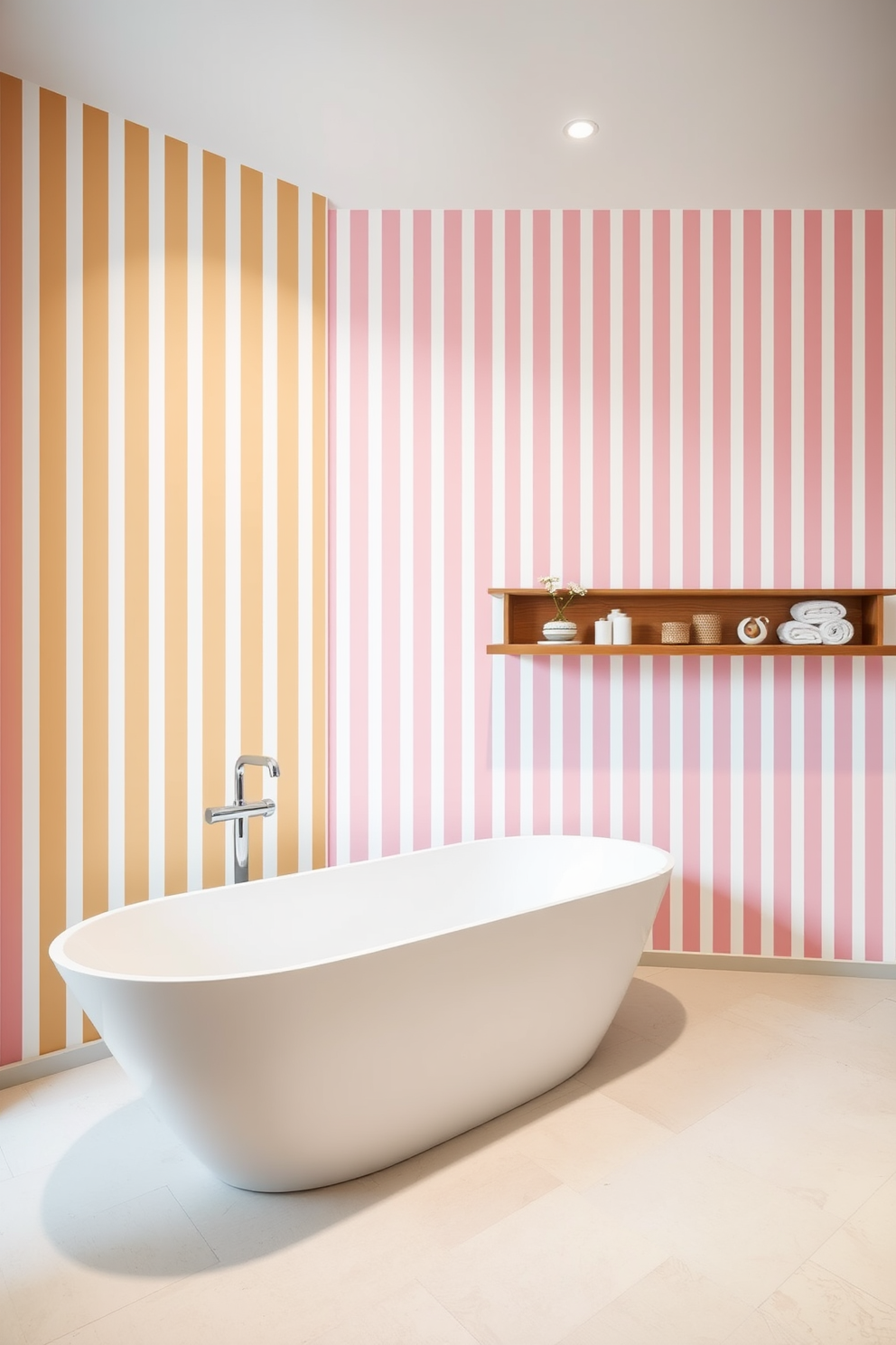 A stylish bathroom featuring vertical stripes painted in soft pastel colors to create an illusion of height and space. The stripes run from floor to ceiling, enhancing the elegance of the room while complementing a sleek, modern bathtub placed against one wall. The flooring consists of large light-colored tiles that contrast beautifully with the vertical stripes. A minimalist wooden shelf holds neatly rolled towels and decorative items, adding functionality without cluttering the space.