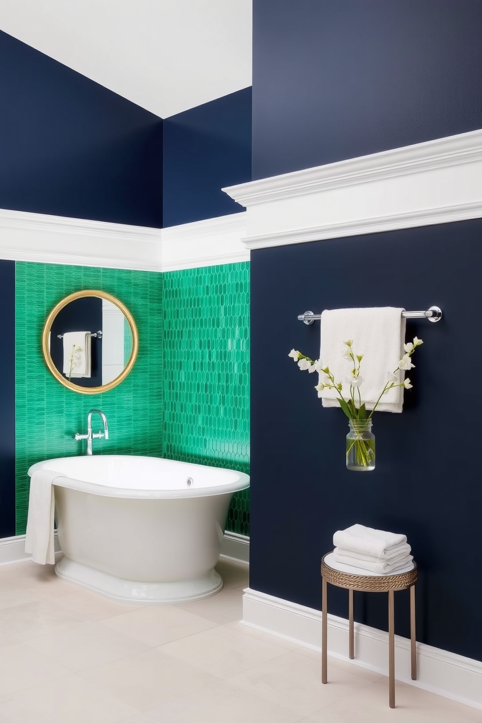 A classic bathroom design featuring elegant wainscoting that adds depth and sophistication to the space. The walls are painted in a soft cream color, contrasting beautifully with the rich wood tones of the wainscoting. The floor is adorned with large marble tiles that enhance the luxurious atmosphere. A freestanding soaking tub sits against a backdrop of wainscoted walls, creating a serene focal point in the room.