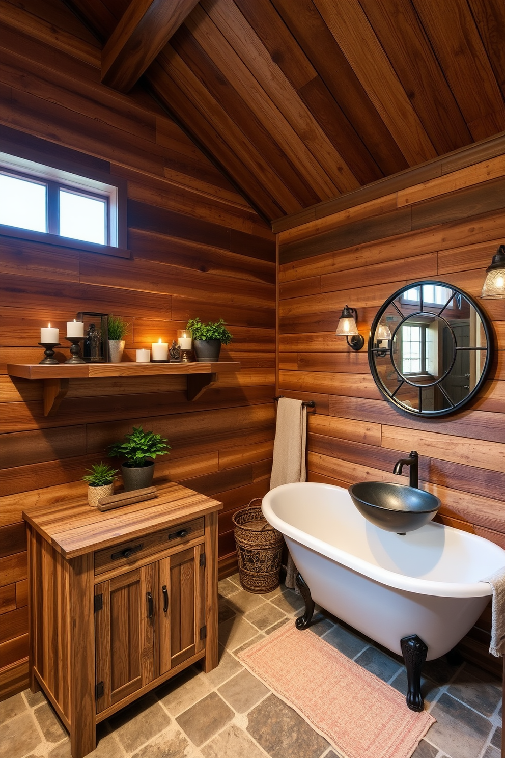 A rustic bathroom setting featuring barn wood accents on the walls and ceiling creates a warm and inviting atmosphere. The space includes a freestanding soaking tub surrounded by natural stone tiles and a reclaimed wood shelf displaying decorative candles and plants. The vanity is crafted from distressed barn wood with a vintage-style sink and a large round mirror framed in wrought iron. Soft, ambient lighting illuminates the room, enhancing the cozy feel of the rustic design.