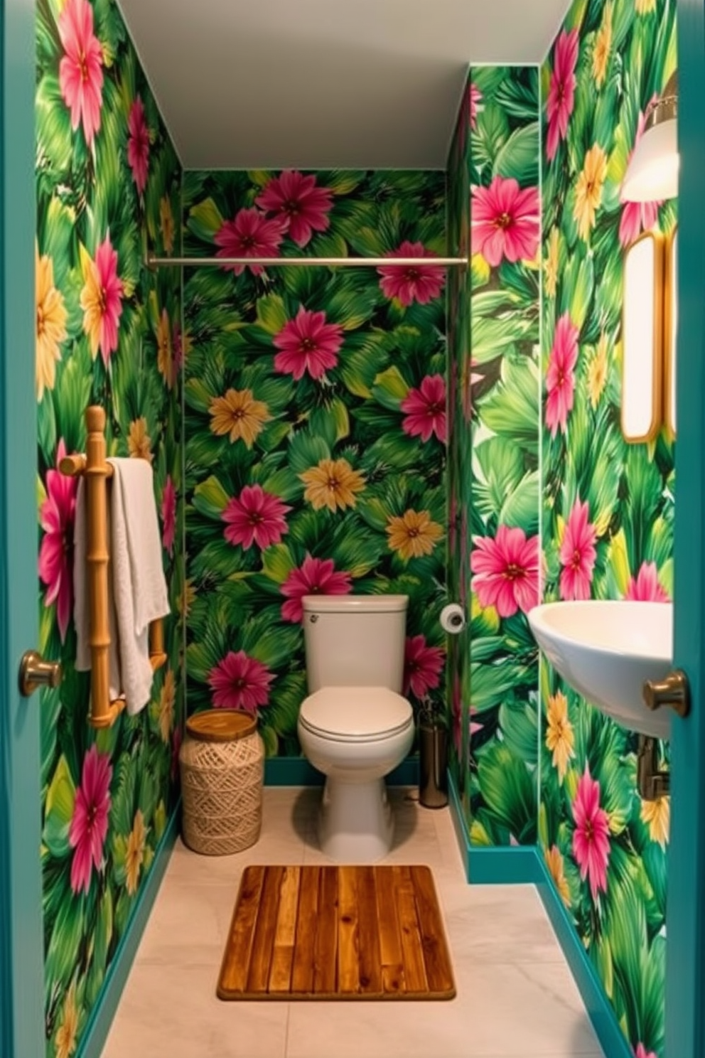 A vibrant bathroom adorned with tropical prints that evoke a lively atmosphere. The walls are covered with bold floral patterns in shades of green, pink, and yellow, creating a refreshing backdrop. Incorporate natural elements by adding wooden accents such as a bamboo towel rack and a teak shower mat. The flooring features light-colored tiles that complement the vivid wall design, enhancing the overall tropical feel.