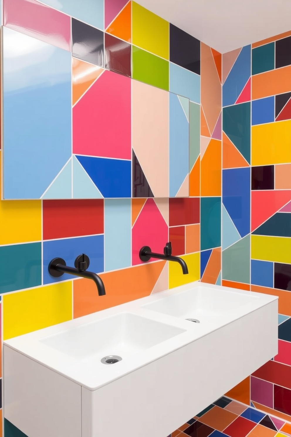 A striking bathroom wall adorned with bold patterned wallpaper that creates a dramatic focal point. The wallpaper features a vibrant design that contrasts beautifully with sleek, modern fixtures and soft lighting.