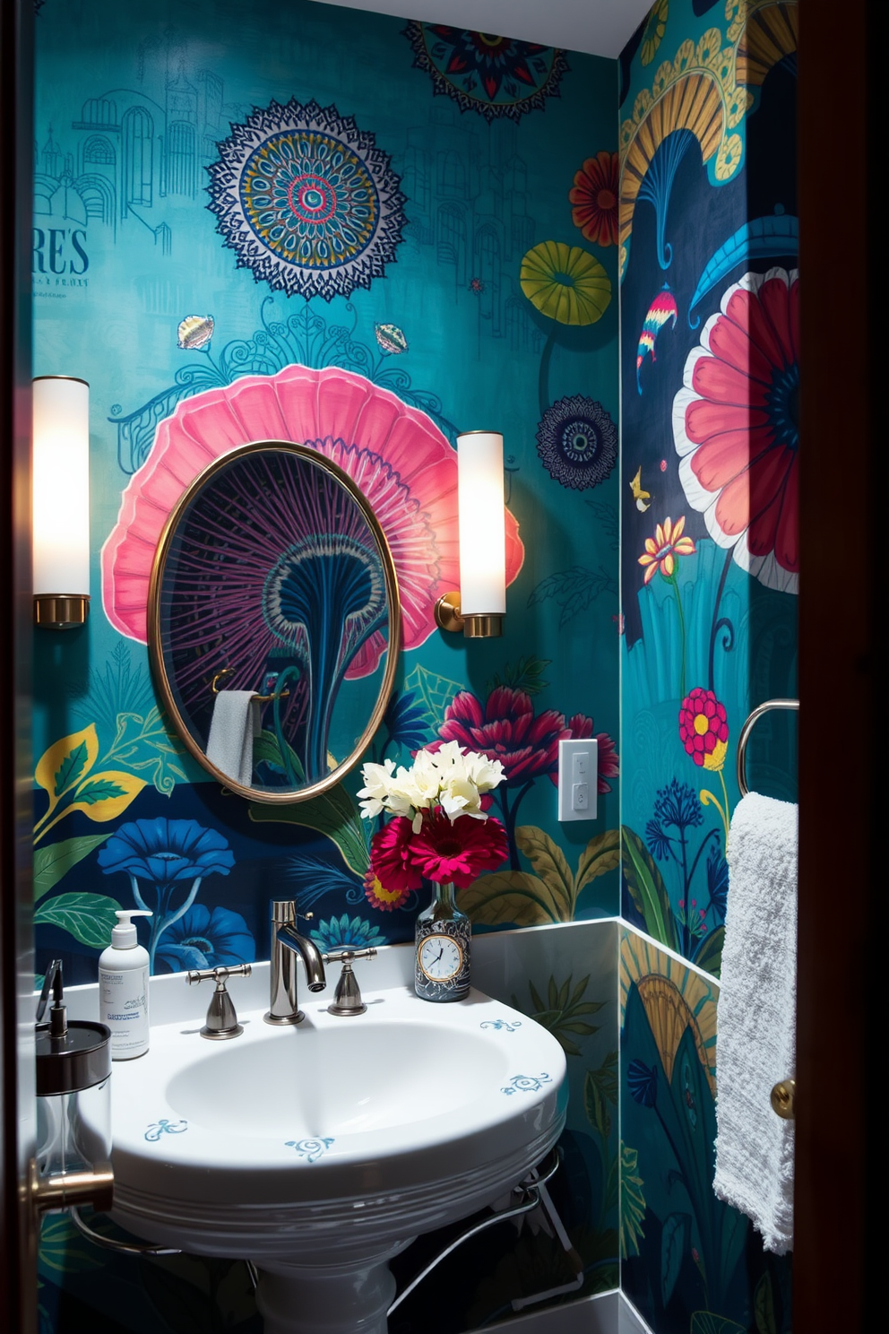 Artistic murals that bring a touch of creativity to the bathroom. The walls are adorned with vibrant, hand-painted designs that reflect the owner's personality and style. Bold colors and intricate patterns create a stunning focal point. The mural seamlessly blends with elegant fixtures and modern accessories for a cohesive look.