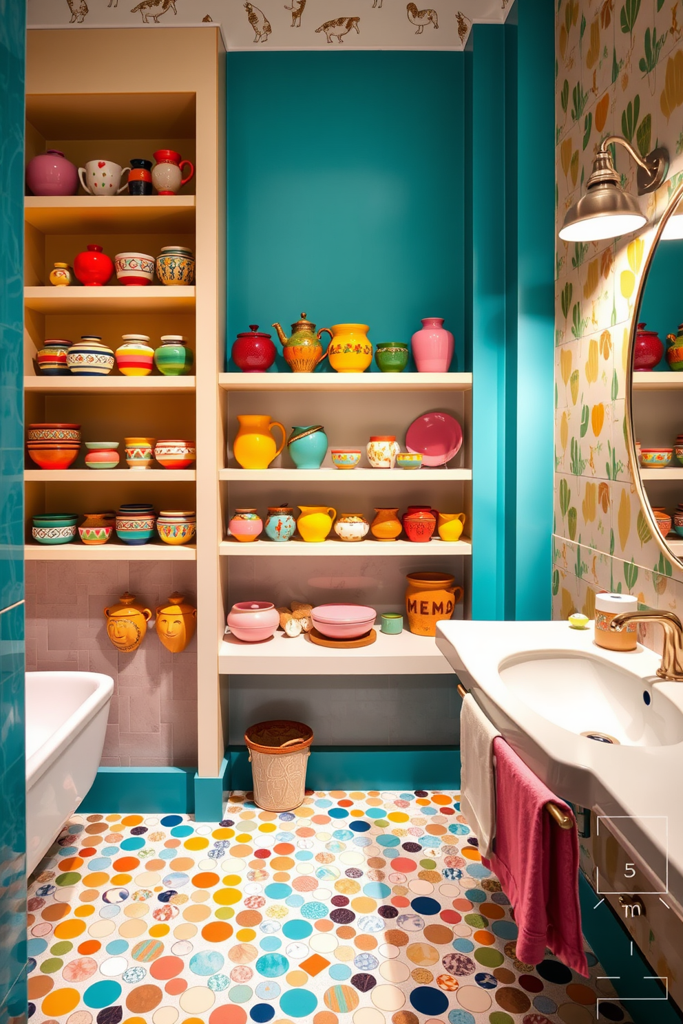 A vibrant bathroom featuring a collection of colorful ceramics displayed on open shelves. The walls are adorned with playful patterns that complement the ceramics, creating a cheerful and inviting atmosphere. The floor is covered in a mosaic of tiles in various hues, adding to the lively feel of the space. Soft lighting highlights the ceramics, making them a focal point of the bathroom design.