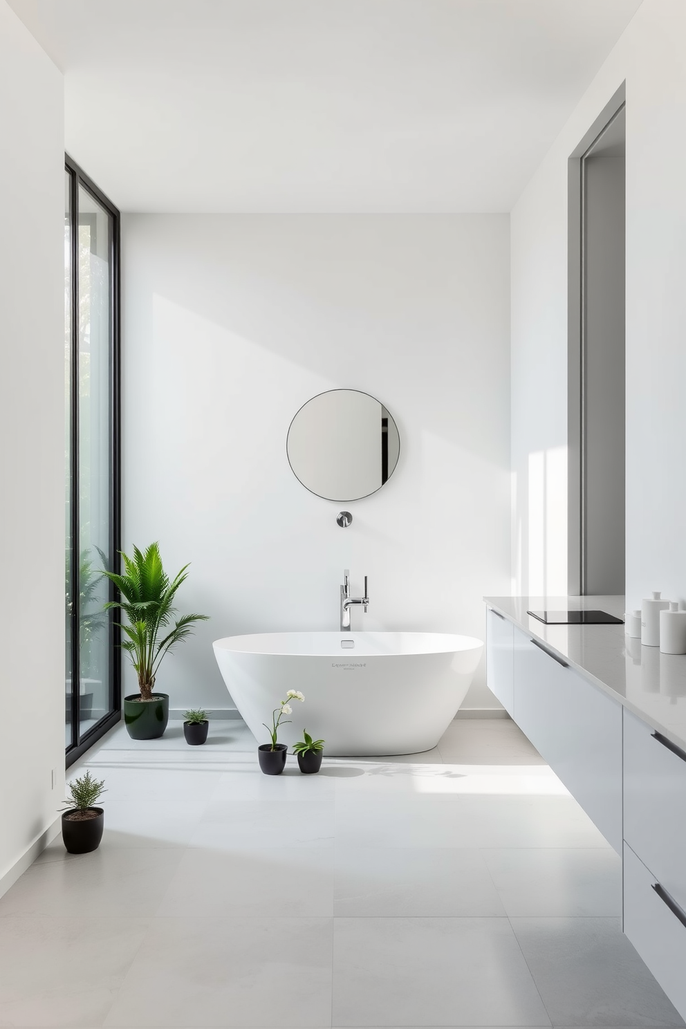 A serene bathroom space featuring smooth white walls and a large frosted glass window that allows natural light to filter in. The floor is covered in light grey tiles, and a sleek freestanding bathtub sits in the center, surrounded by small potted plants for a touch of greenery. A stylish wall-mounted sink with a simple round mirror above it creates a focal point in the room. The decor is minimal, with a few essential items placed neatly on the countertop, emphasizing the clean lines and uncluttered aesthetic.