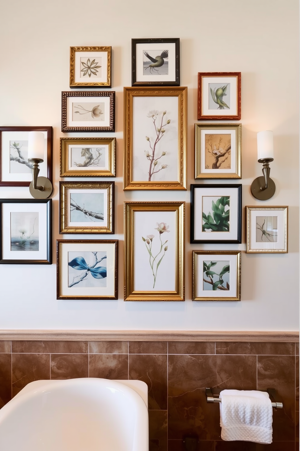 A stunning bathroom wall adorned with a collection of framed artwork creates a gallery-like ambiance. The frames vary in size and style, showcasing a mix of abstract and nature-inspired pieces that complement the overall decor. The walls are painted in a soft neutral tone to enhance the artwork's vibrancy. Elegant sconces flanking the artwork provide warm lighting, highlighting the details and textures of each piece.