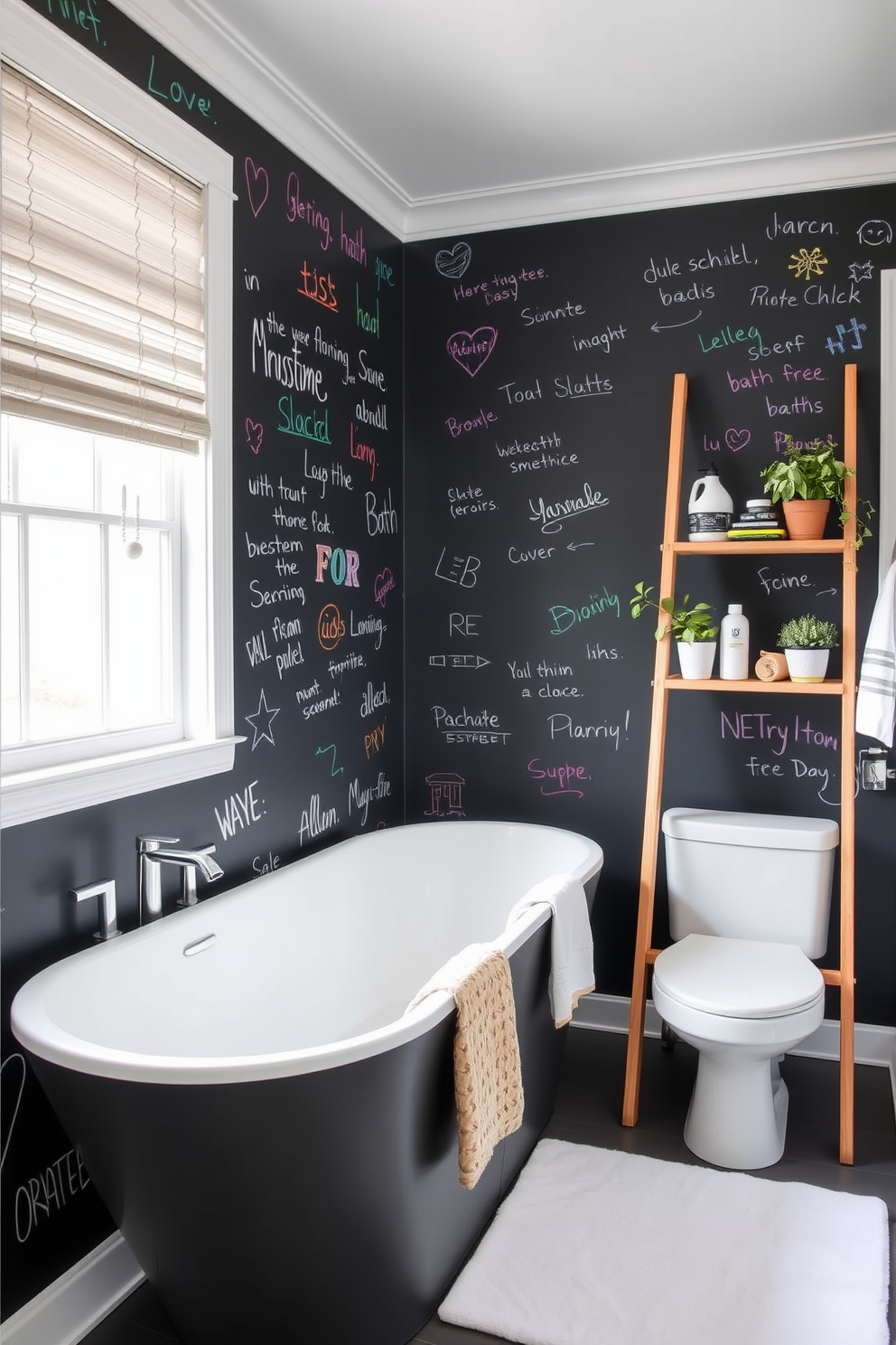 A playful and interactive bathroom featuring chalkboard paint on the walls invites creativity and personalization. The space is accented with colorful chalk drawings and messages, creating a fun and engaging atmosphere. The bathroom includes modern fixtures with sleek lines and a minimalist aesthetic. A freestanding tub sits against the chalkboard wall, complemented by a stylish ladder shelf holding bath essentials and decorative plants.