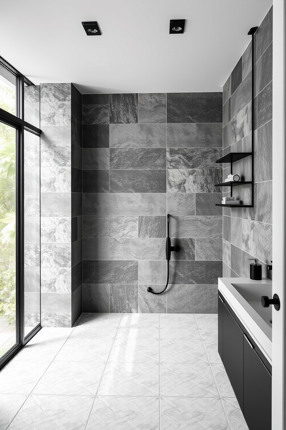 A striking bathroom design featuring cement tiles that add an industrial edge to the space. The walls are adorned with large-format cement tiles in varying shades of gray, complemented by sleek black fixtures and minimalist shelving. The floor showcases a contrasting white tile pattern that enhances the overall aesthetic. Natural light floods the room through a large window, illuminating the textured surfaces and creating a warm ambiance.