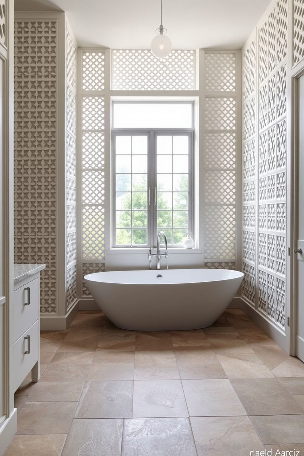 A modern bathroom featuring lattice panels as a fresh twist. The walls are adorned with intricate lattice designs in a soft white finish, creating a light and airy atmosphere. The floor is made of natural stone tiles in warm earth tones. A sleek freestanding tub is positioned in front of a large window, allowing natural light to flood the space.