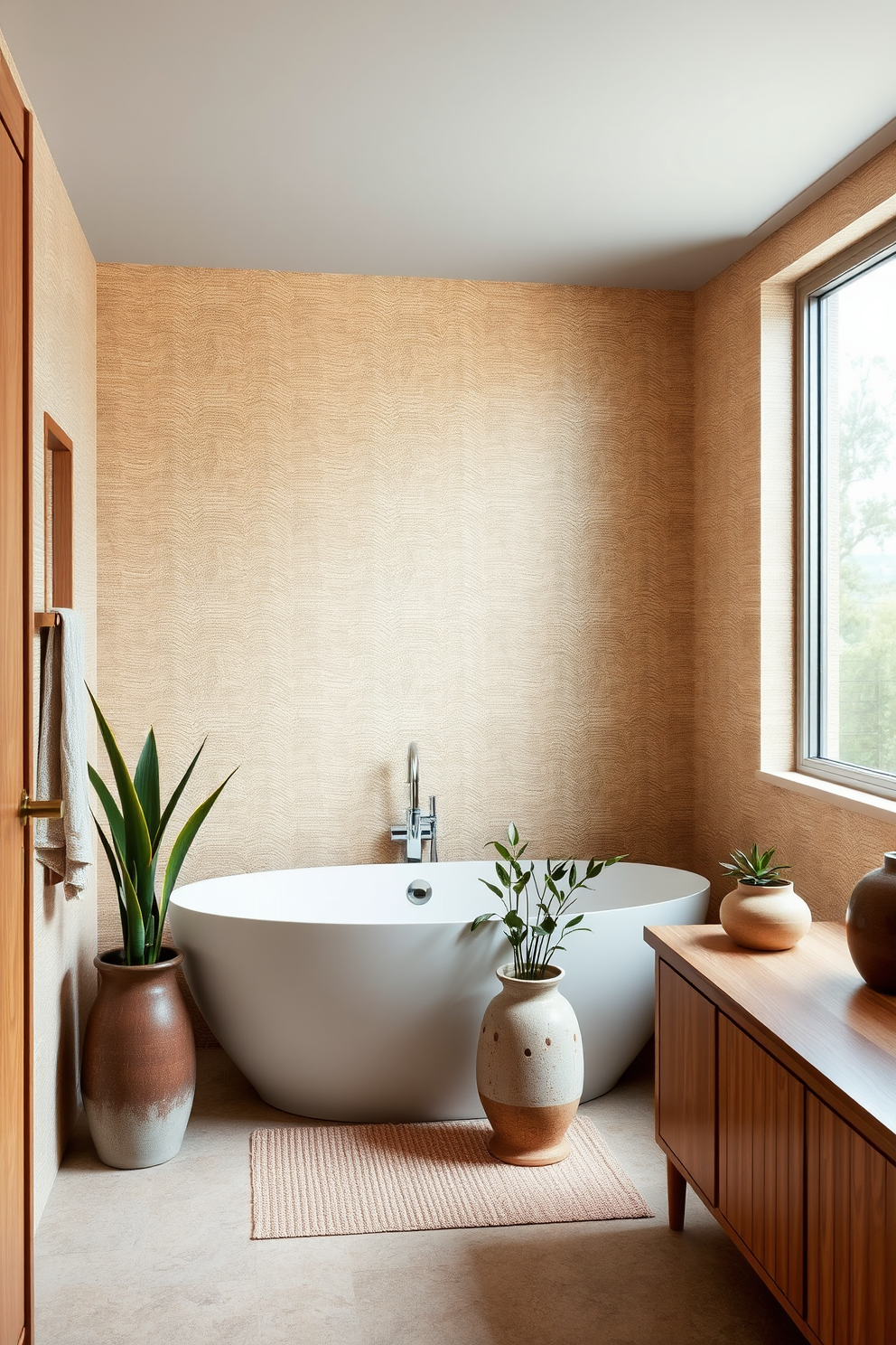 A serene bathroom space adorned with natural fiber wallpaper that emphasizes eco-friendliness. The walls feature a soft, textured pattern that complements the earthy tones of the wooden fixtures and accessories. The design includes a sleek freestanding bathtub positioned near a large window, allowing natural light to flood the room. Elegant greenery in ceramic pots is strategically placed to enhance the organic feel of the space.