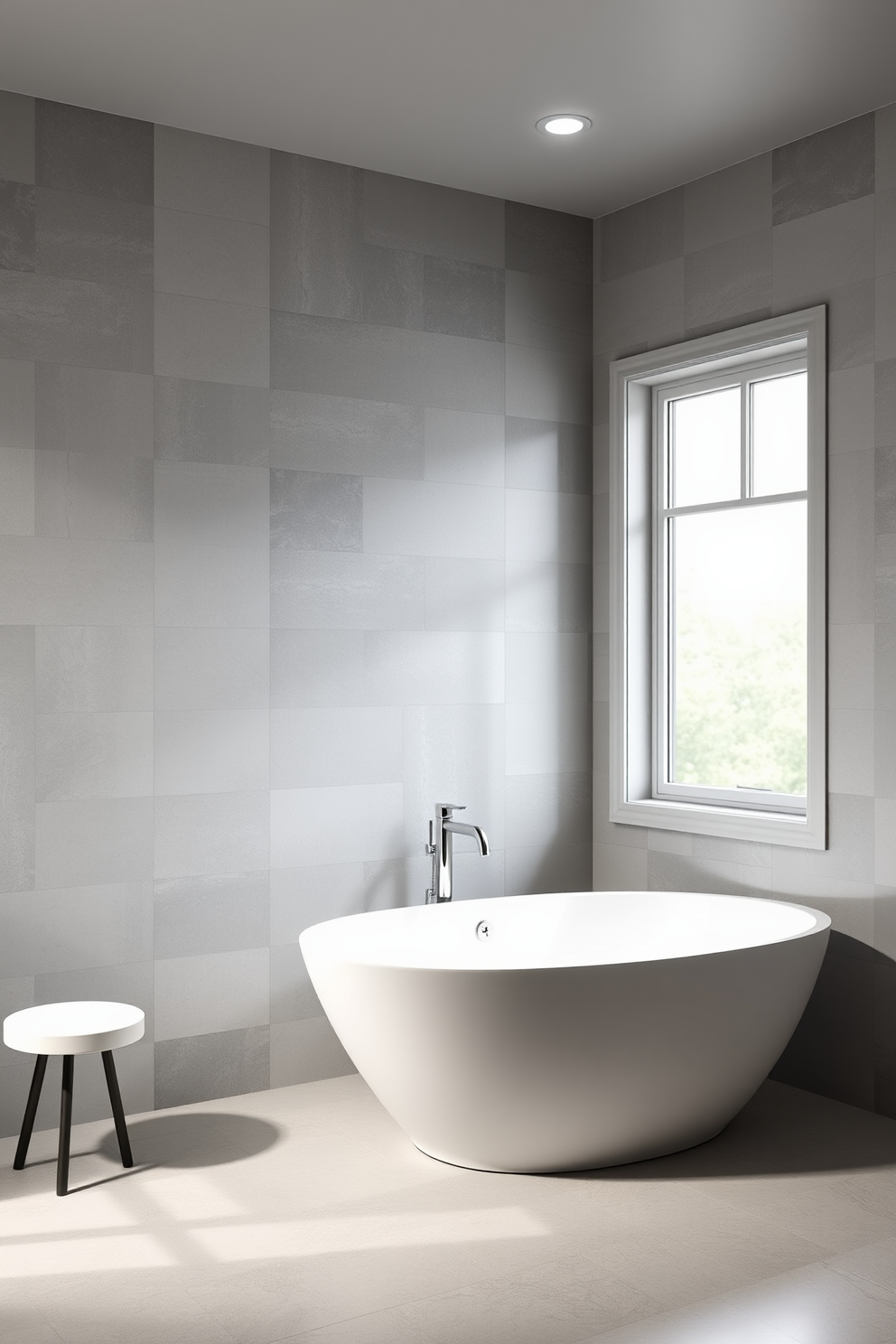 A serene bathroom space featuring soft gray tones that evoke a calming atmosphere. The walls are adorned with textured gray tiles, complemented by subtle white accents to enhance the tranquility of the room. Incorporate a freestanding bathtub with sleek lines and a minimalist design. A large window allows natural light to flood the space, creating an inviting and peaceful retreat.