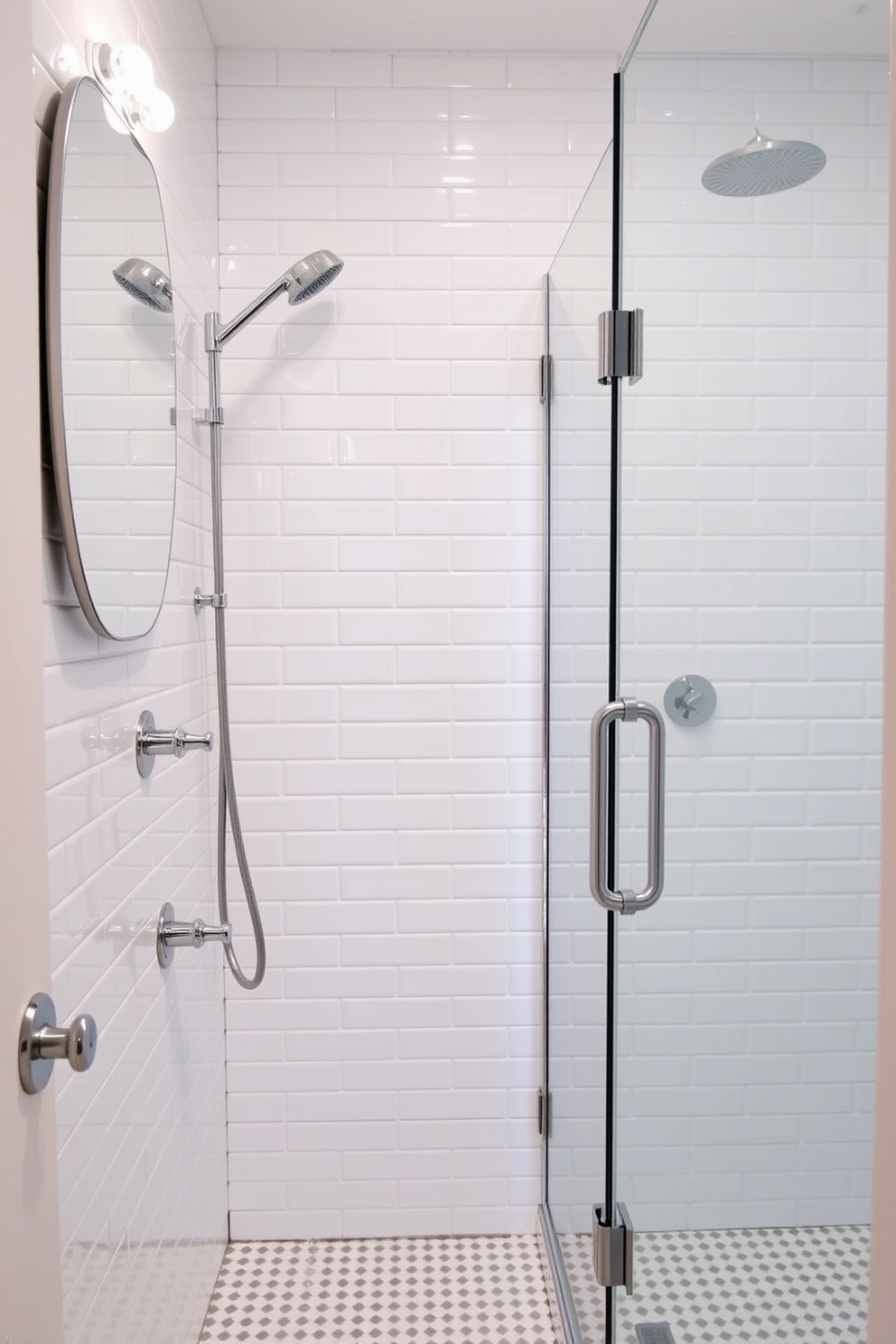 A stylish bathroom featuring classic subway tiles in white gloss that create a timeless and elegant look. The walls are complemented by chrome fixtures and a sleek glass shower enclosure, enhancing the overall sophistication of the space.